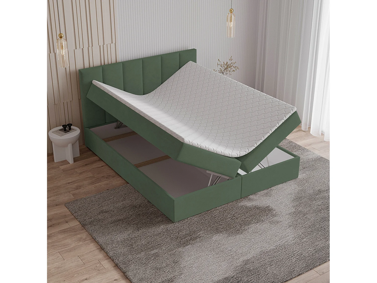 Lit continental MERIL, 180x200 cm, Tissu tressé, Vert