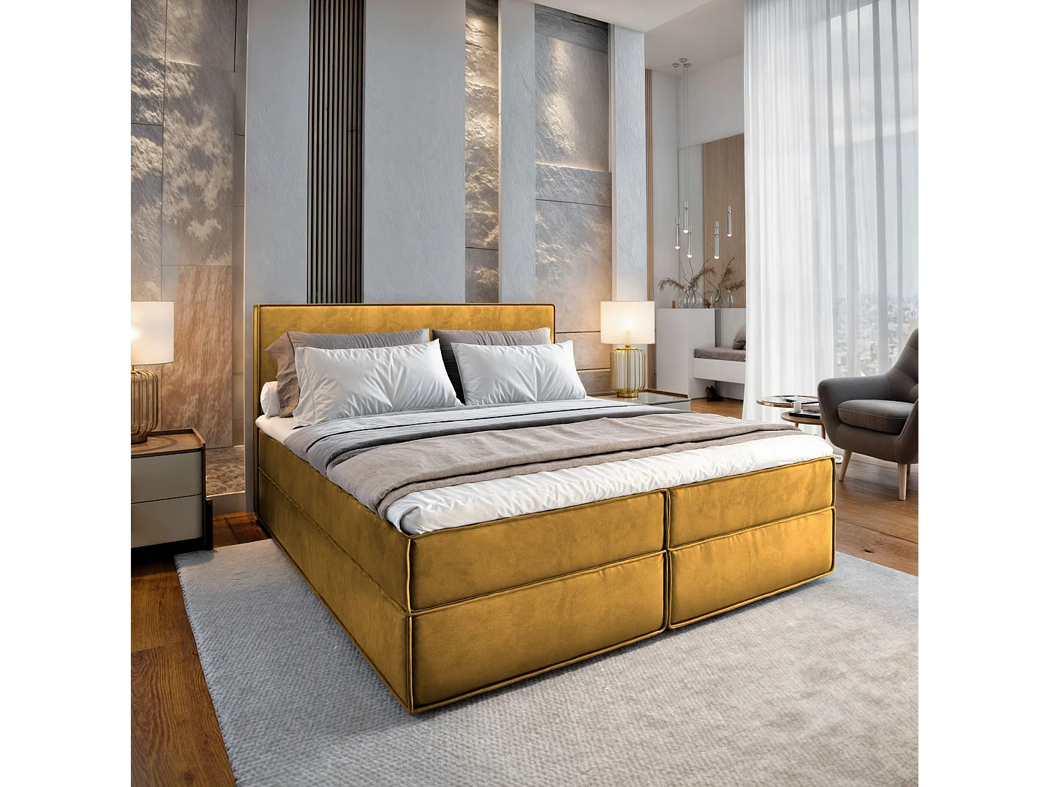 Lit continental PELLIO, 140x200 cm, Tissu velours, Jaune