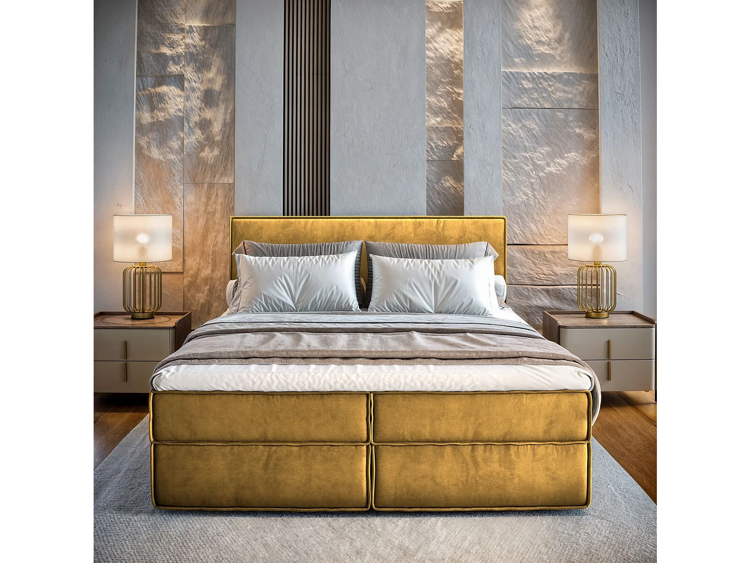 Lit continental PELLIO, 140x200 cm, Tissu velours, Jaune