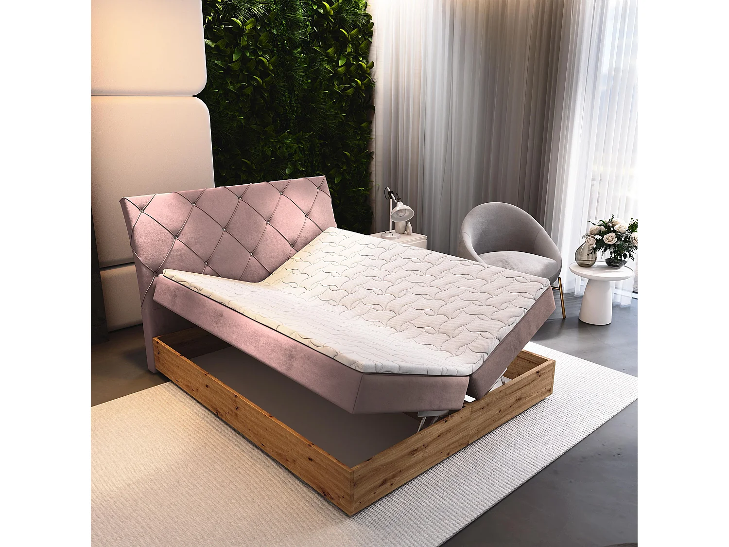 Boxspringbed VELLANO 180x200 cm Set met hoofdbord, bedbodem en matras, Poederroze