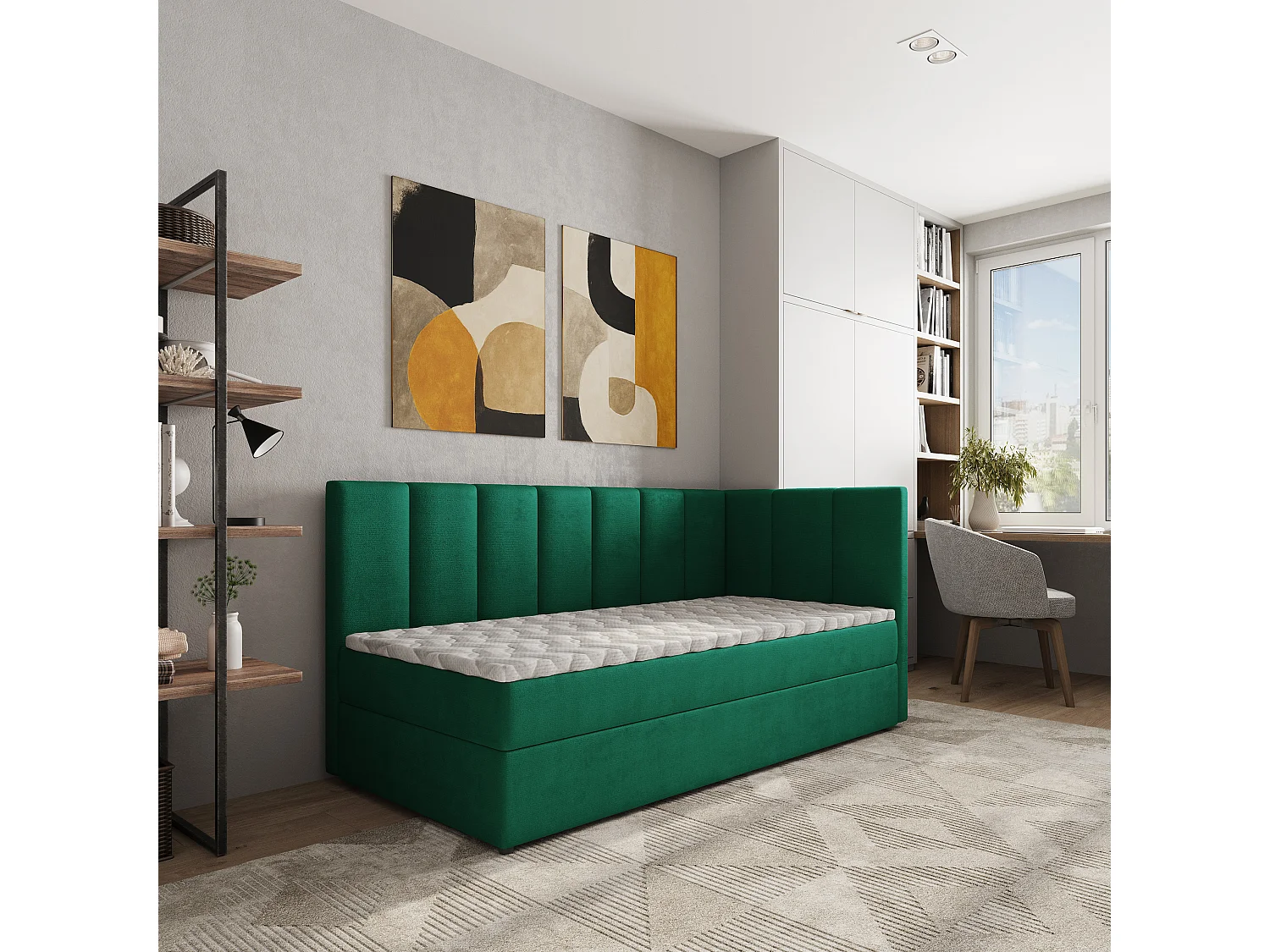 Boxspringbed BEVE 100x200 cm Set met hoofdbord, bedbodem en matras, Dennengroen
