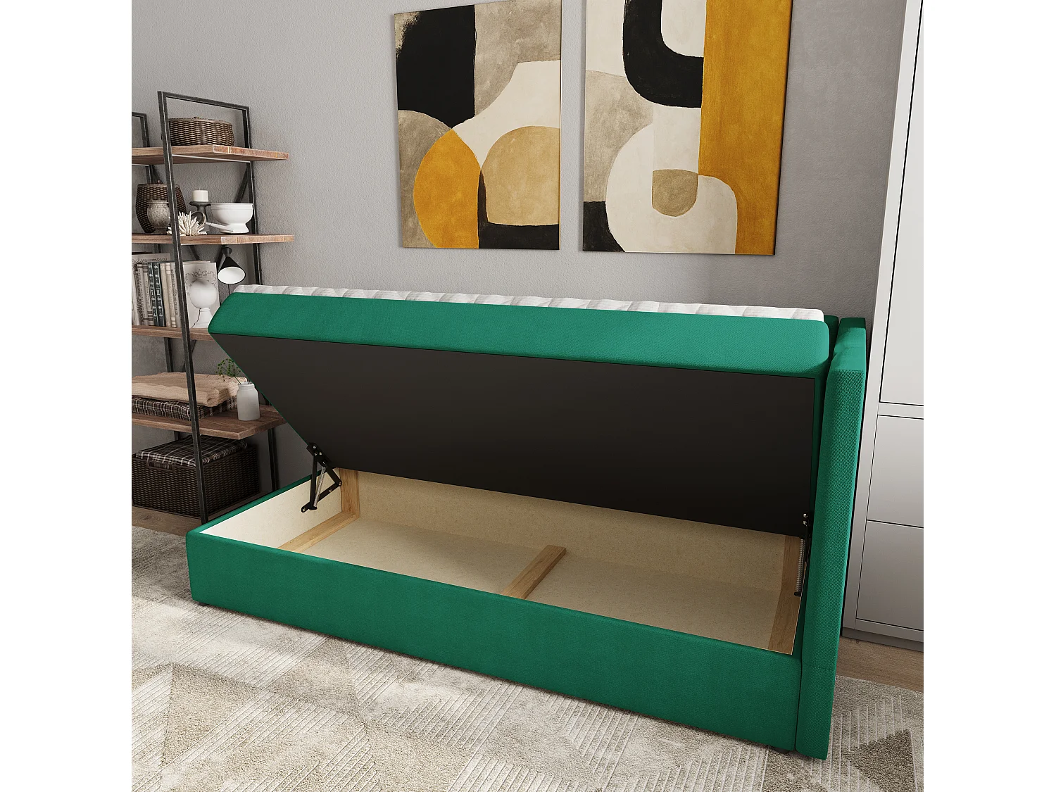 Boxspringbed BEVE 100x200 cm Set met hoofdbord, bedbodem en matras, Dennengroen