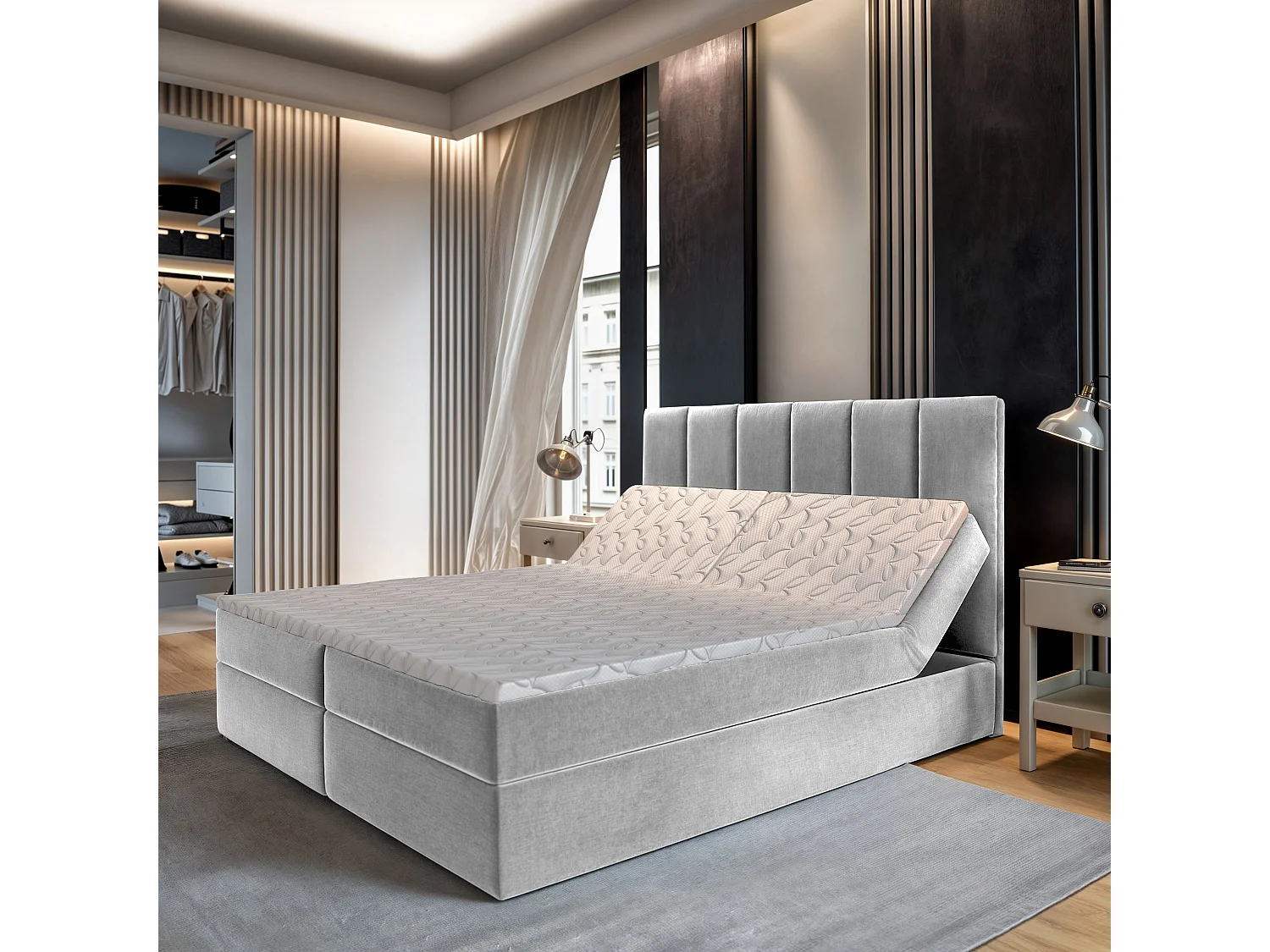 Lit continental BARINO, 180x200 cm, Tissu pelucheux, Gris clair