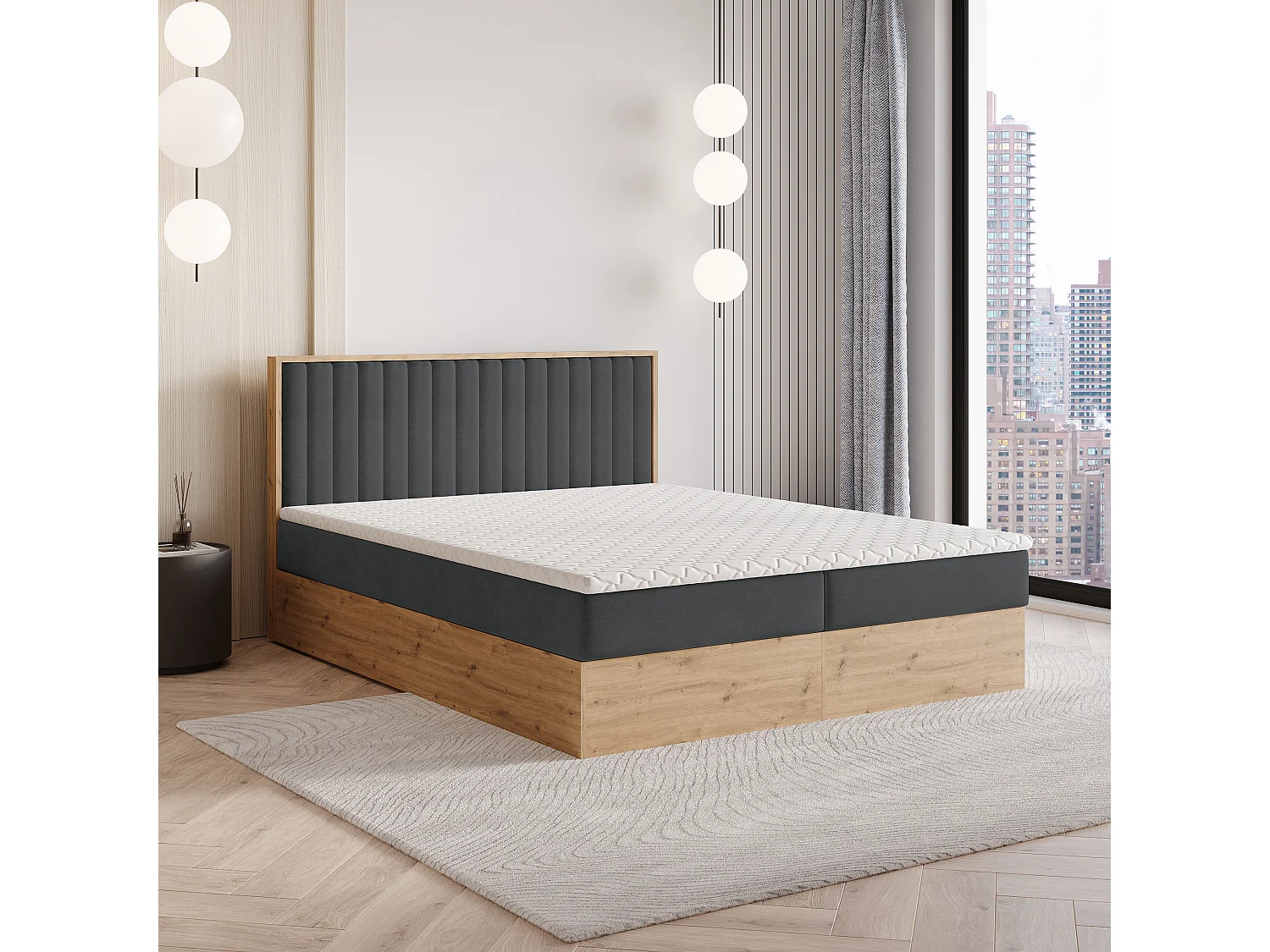 Boxspringbed VARELI 140x200 cm Set met hoofdbord, bedbodem en matras, Antracietgrijs