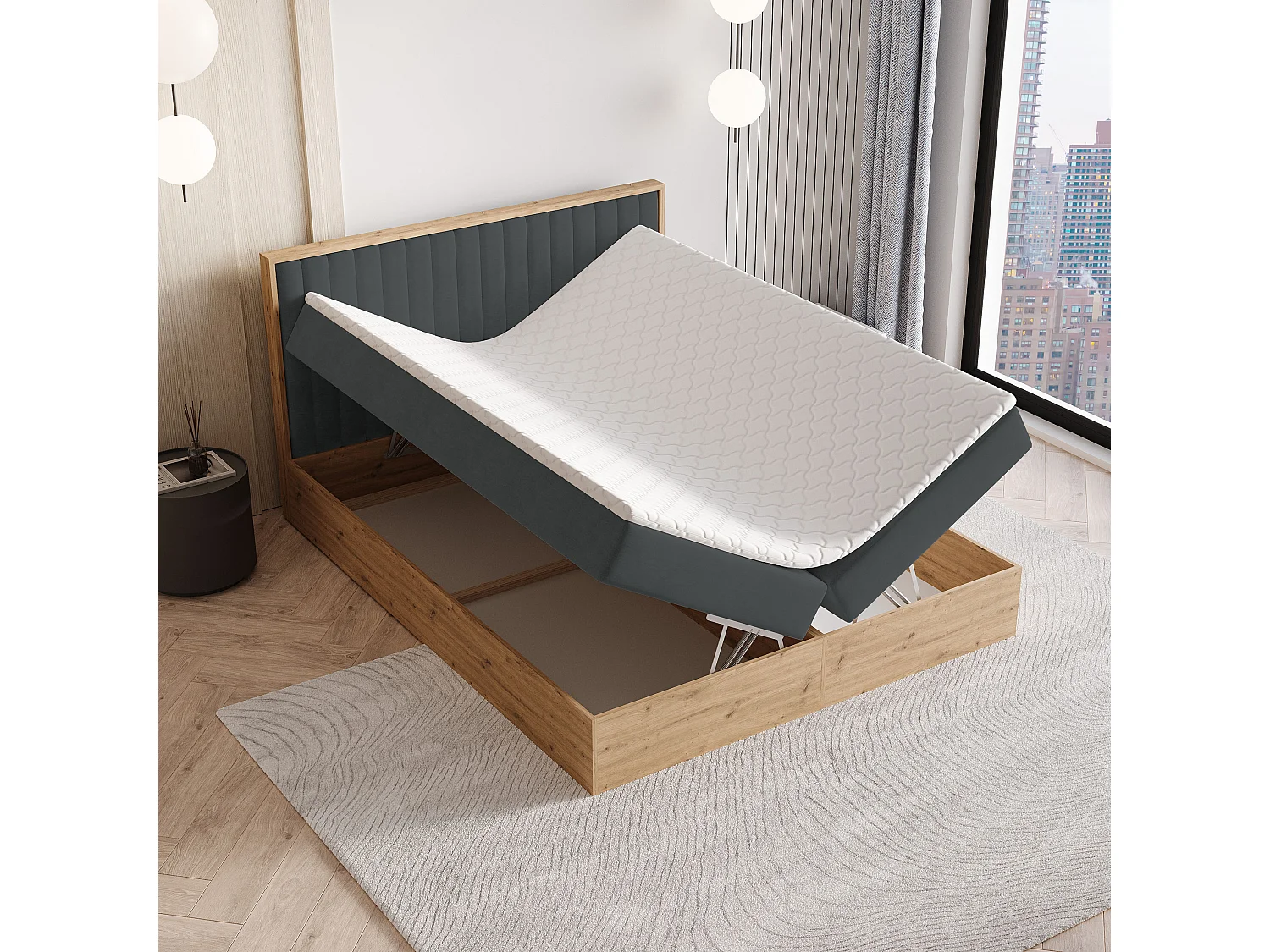 Boxspringbed VARELI 140x200 cm Set met hoofdbord, bedbodem en matras, Antracietgrijs