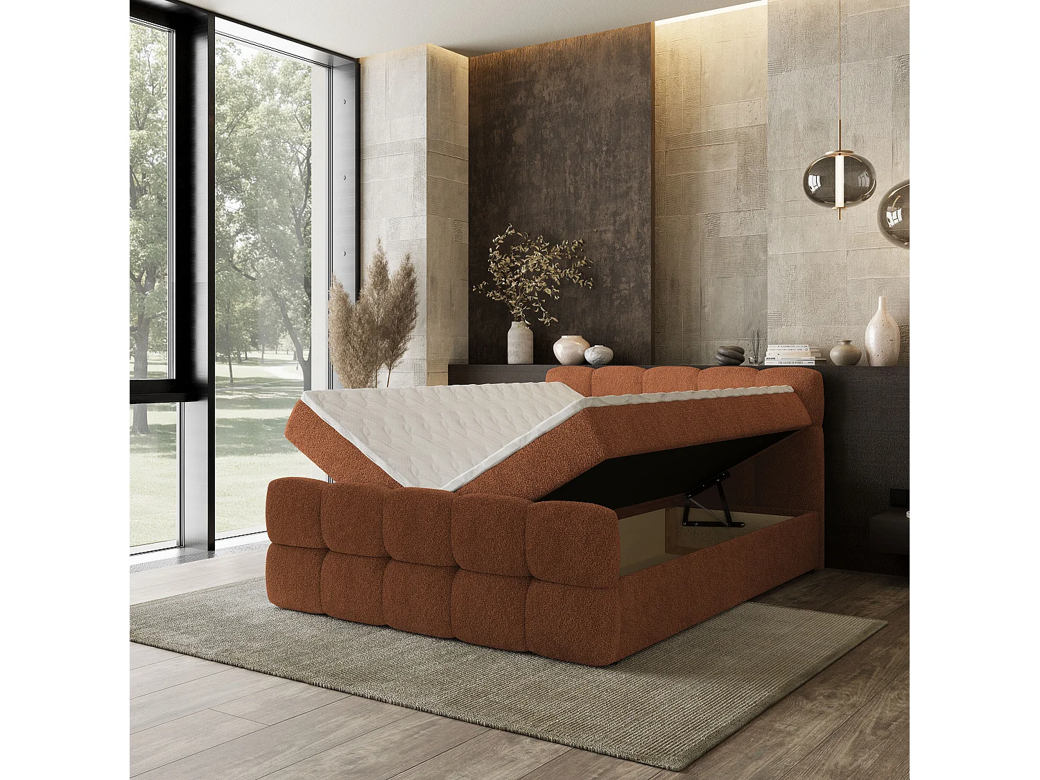 Boxspringbed BRUME 140x200 cm Set met hoofdbord, bedbodem en matras, Koperkleurig