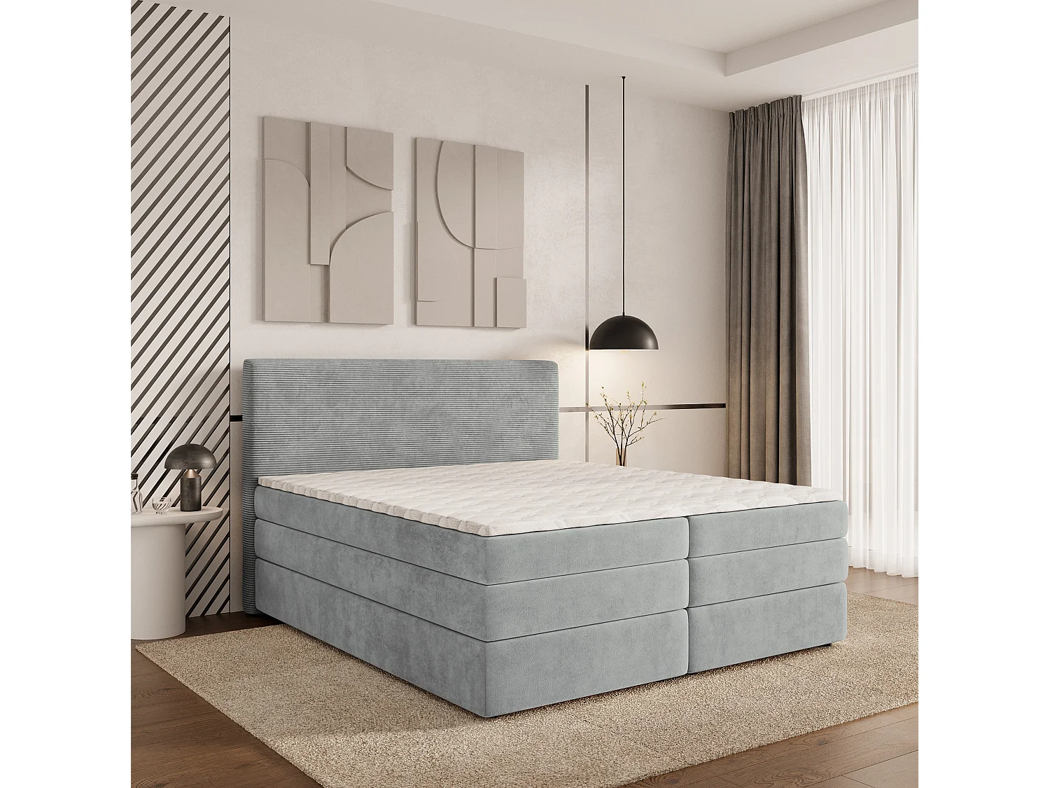 Lit continental MATERN, 140x200 cm, Tissu pelucheux, Gris clair
