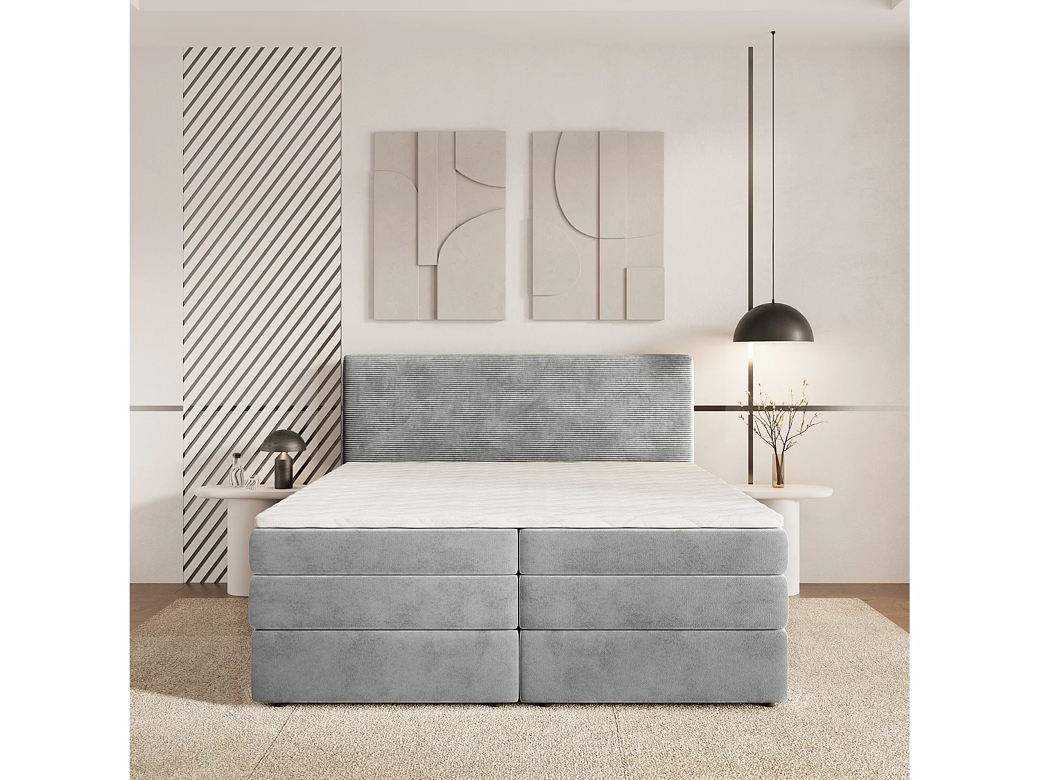 Lit continental MATERN, 140x200 cm, Tissu pelucheux, Gris clair