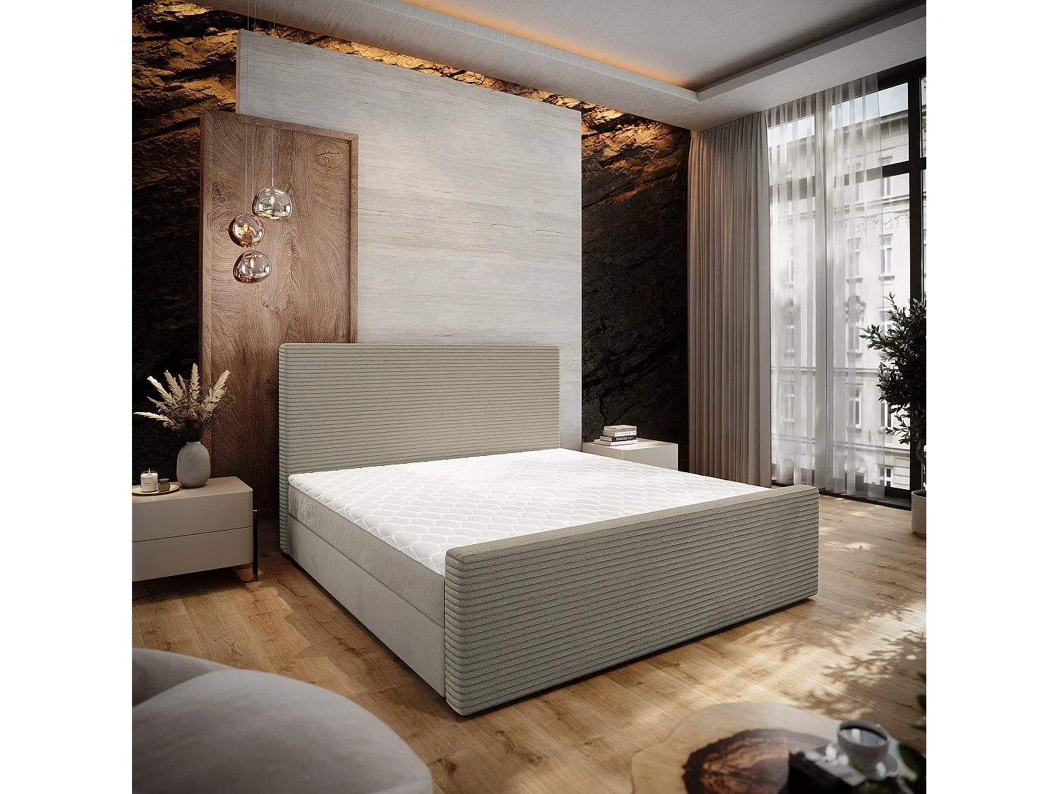 Lit continental ALORIA, 160x200 cm, Tissu pelucheux, Beige
