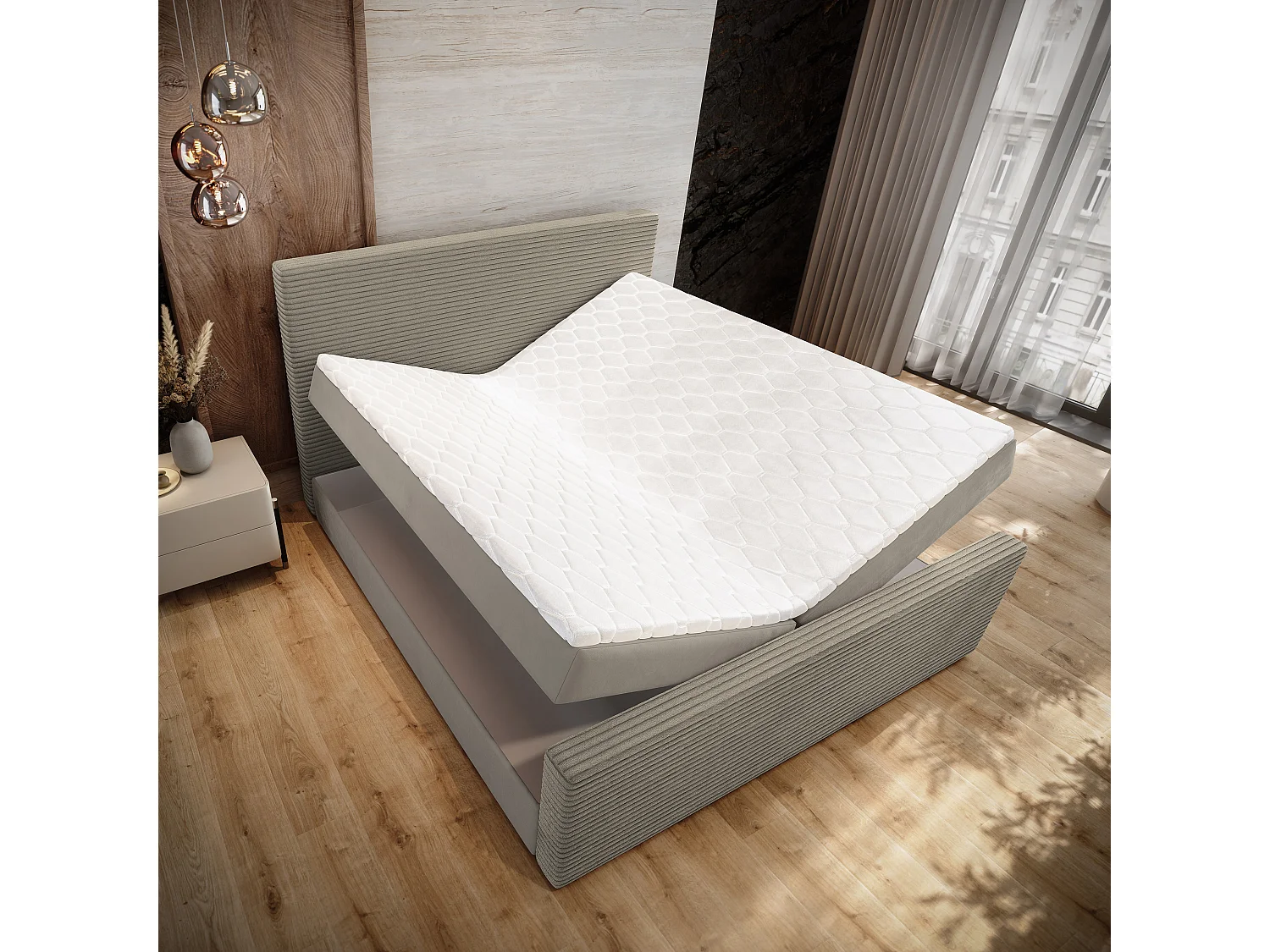 Lit continental ALORIA, 160x200 cm, Tissu pelucheux, Beige