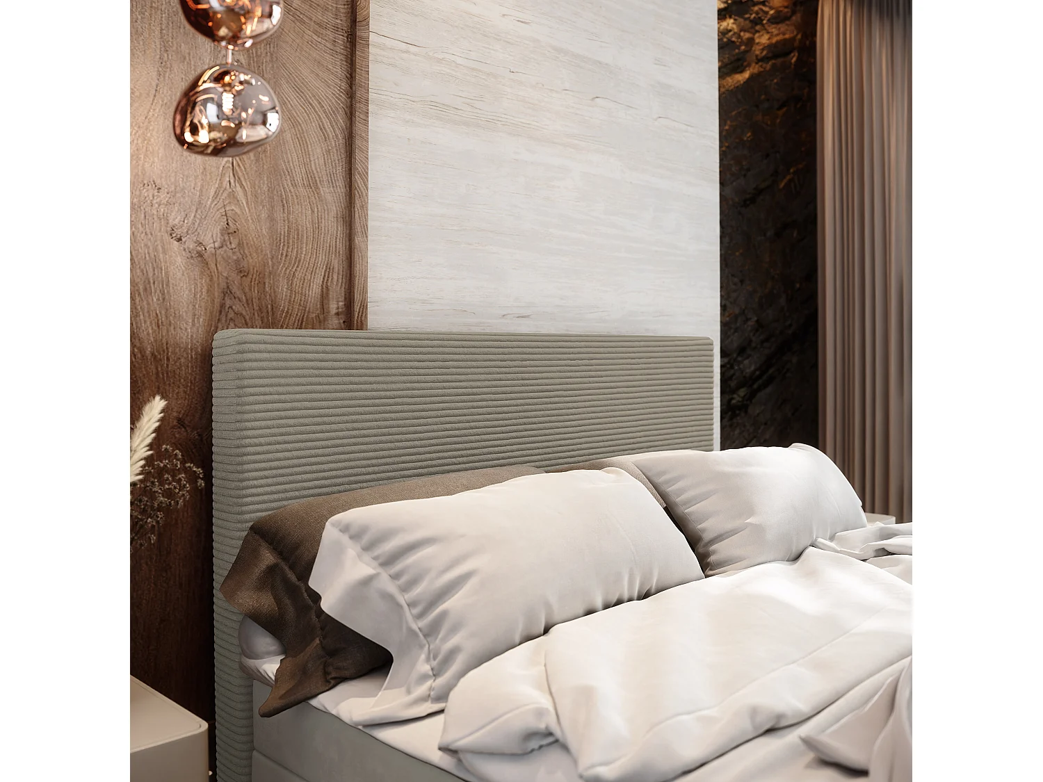 Lit continental ALORIA, 160x200 cm, Tissu pelucheux, Beige
