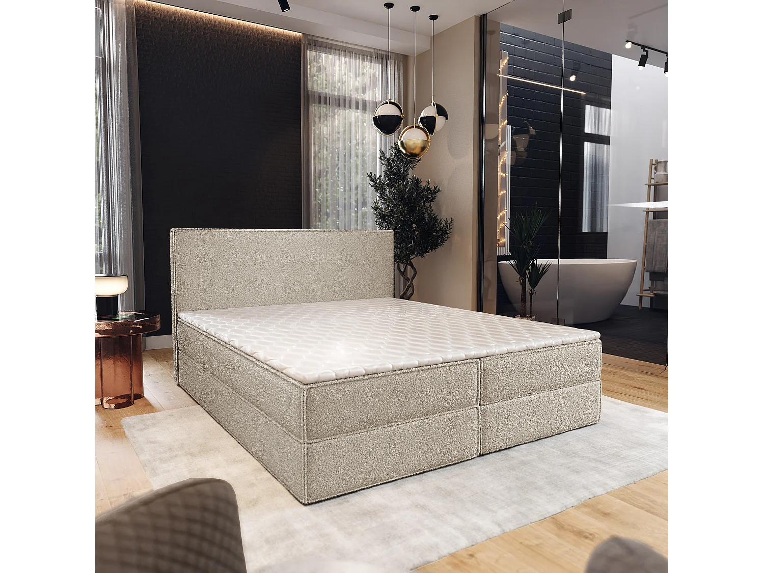 Boxspringbed PELLIO 160x200 cm Set met hoofdbord, bedbodem en matras, Beige