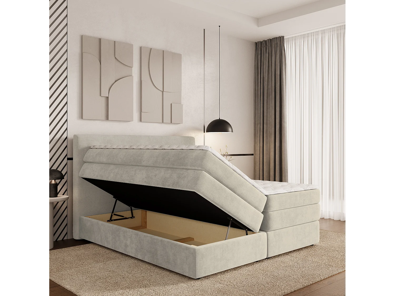 Lit continental MATERN, 140x200 cm, Tissu pelucheux, Couleur crème