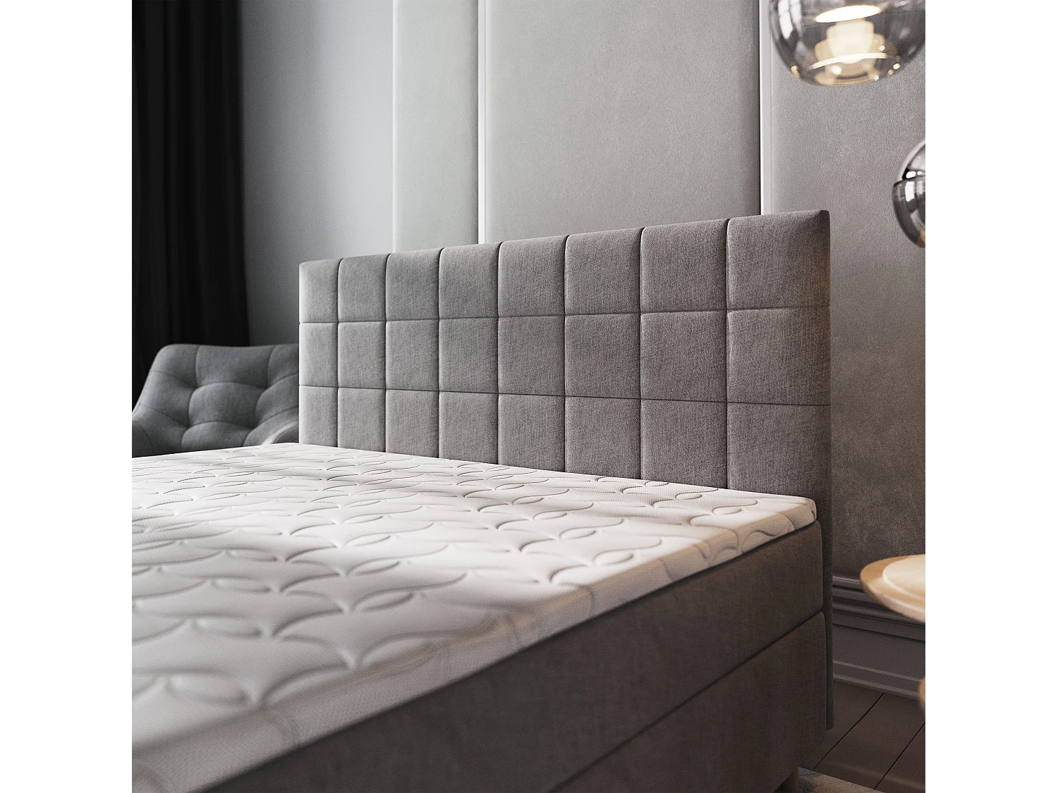 Lit continental IBIZA, 180x200 cm, Tissu tressé, Gris clair