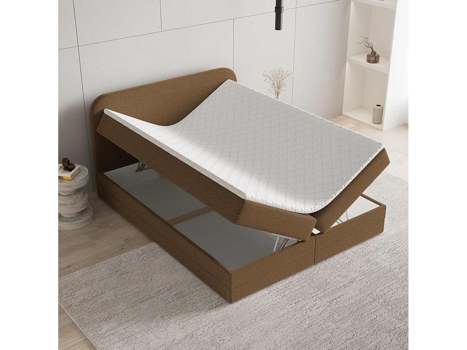 Lit continental ARMEL, 160x200 cm, Tissu bouclé, Marron