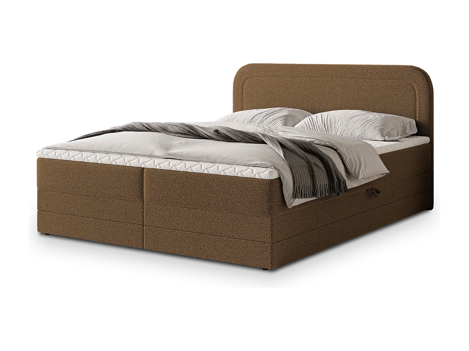 Lit continental ARMEL, 160x200 cm, Tissu bouclé, Marron