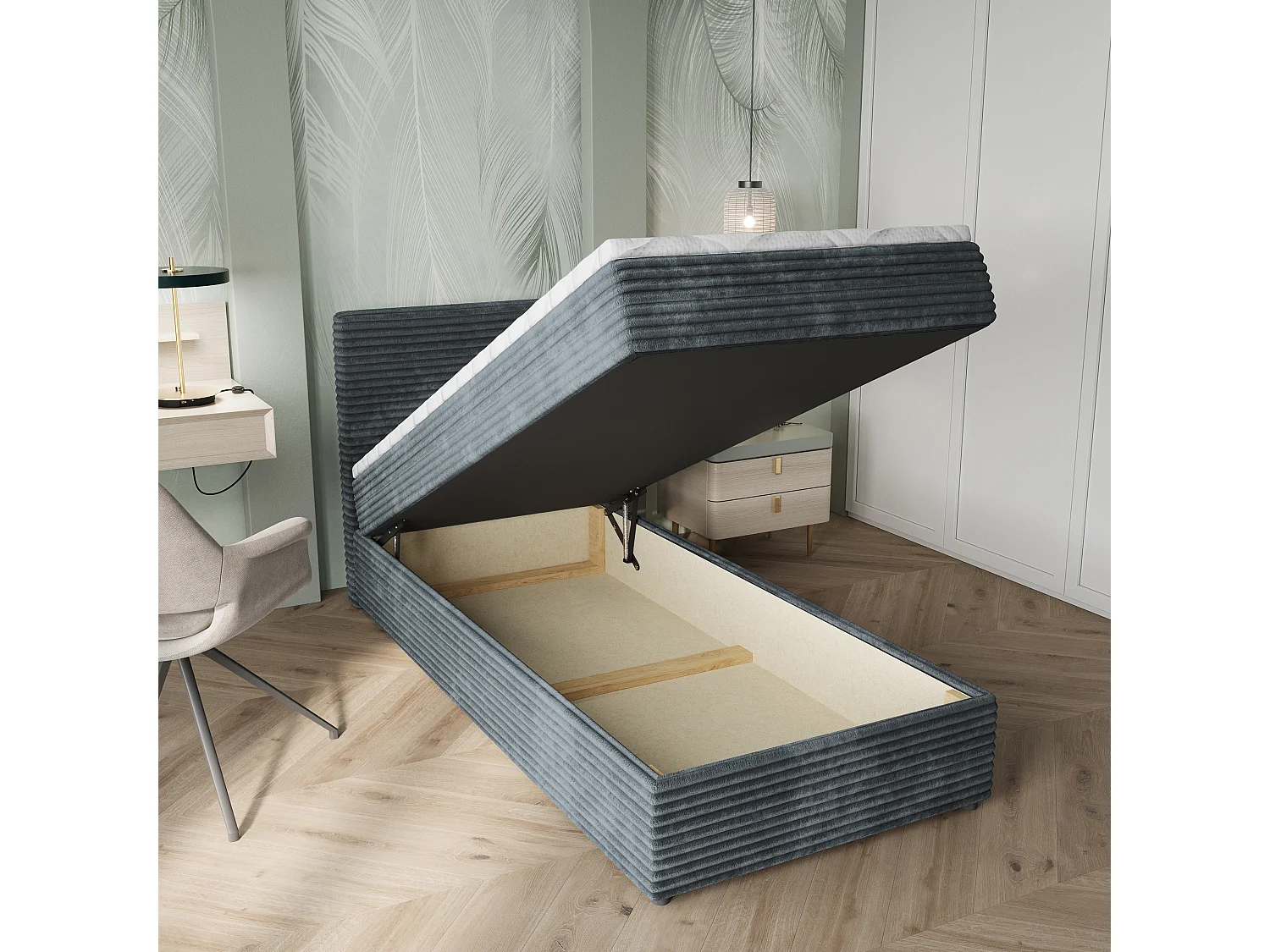 Boxspringbed PISA 90x200 cm Set met hoofdbord, bedbodem en matras, Grijs