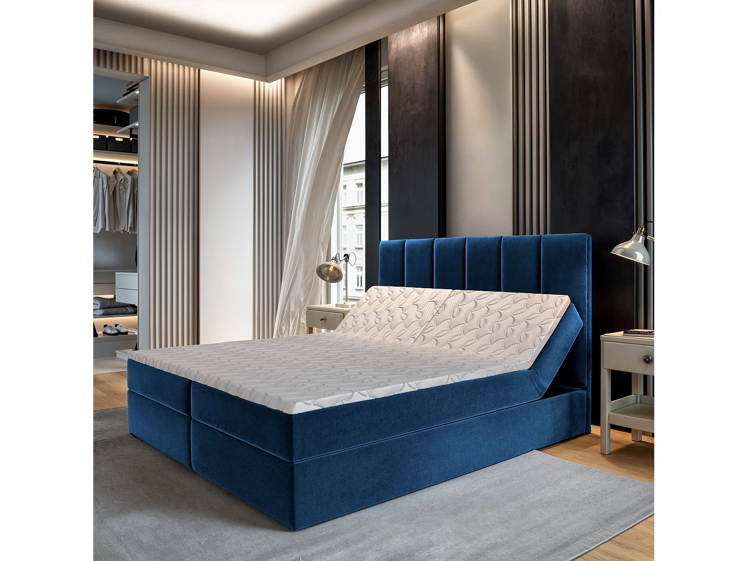 Lit continental BARINO, 180x200 cm, Tissu pelucheux, Bleu