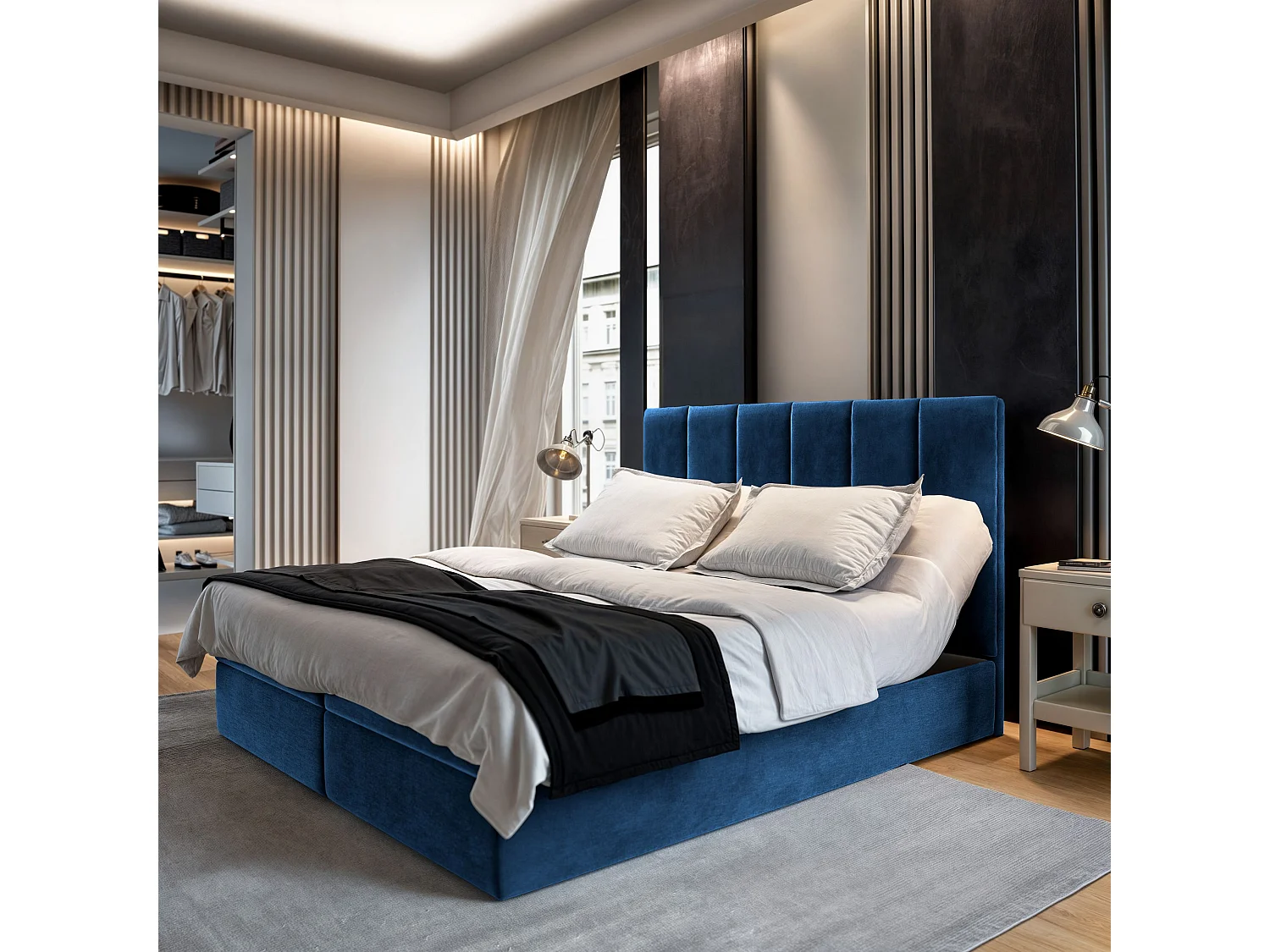 Lit continental BARINO, 180x200 cm, Tissu pelucheux, Bleu
