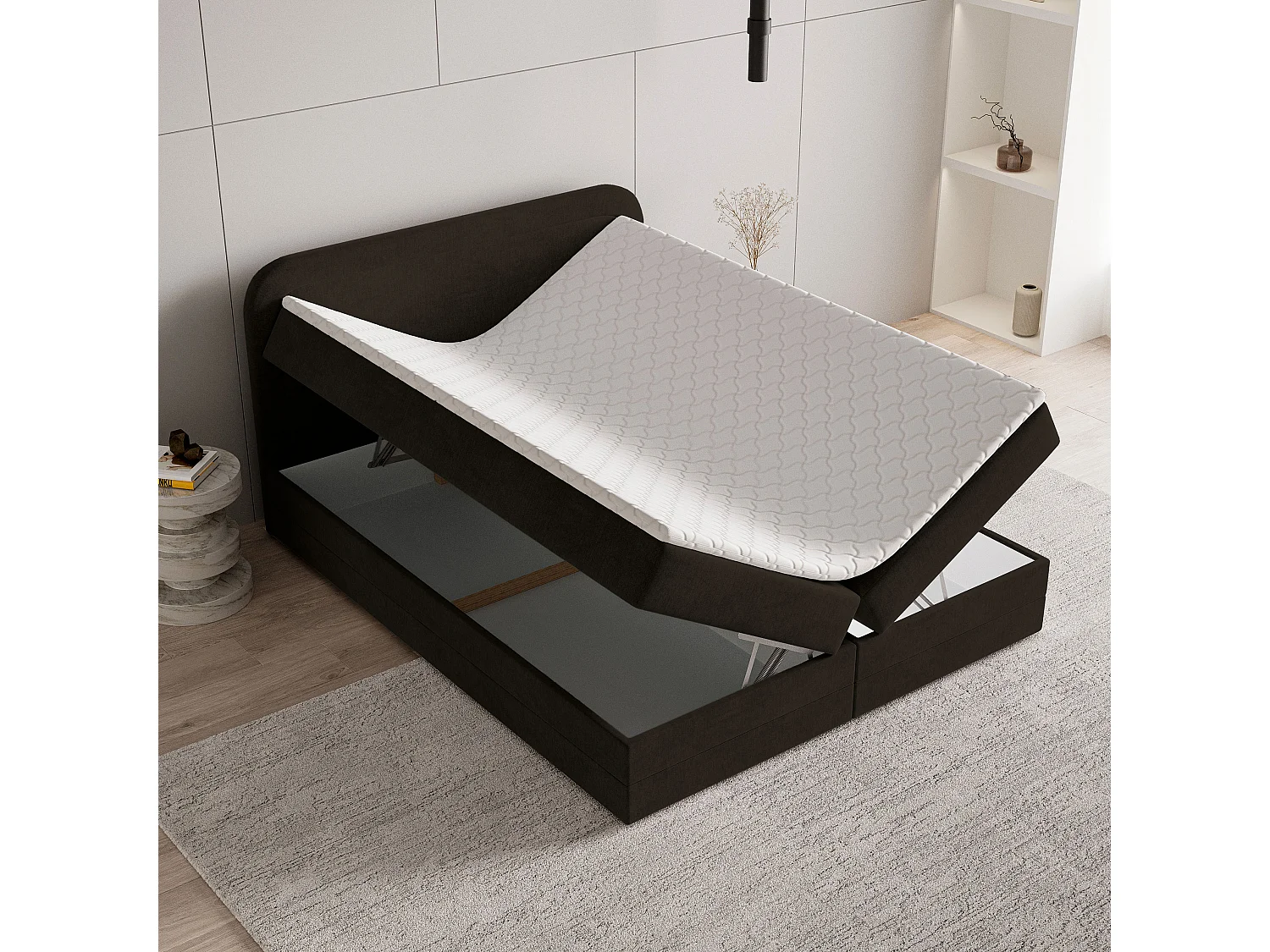 Lit continental ARMEL, 180x200 cm, Tissu velours, Marron