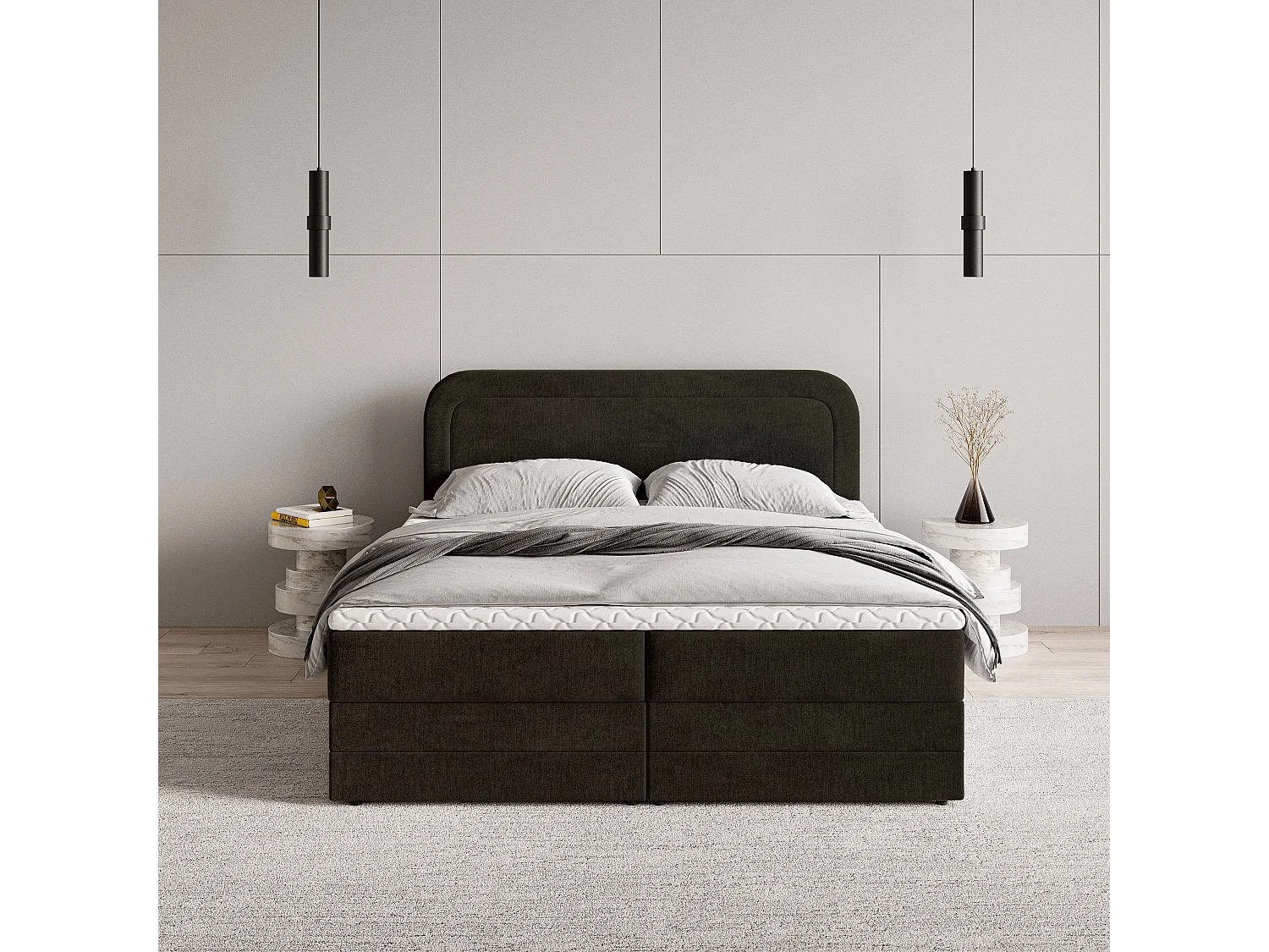 Lit continental ARMEL, 180x200 cm, Tissu velours, Marron