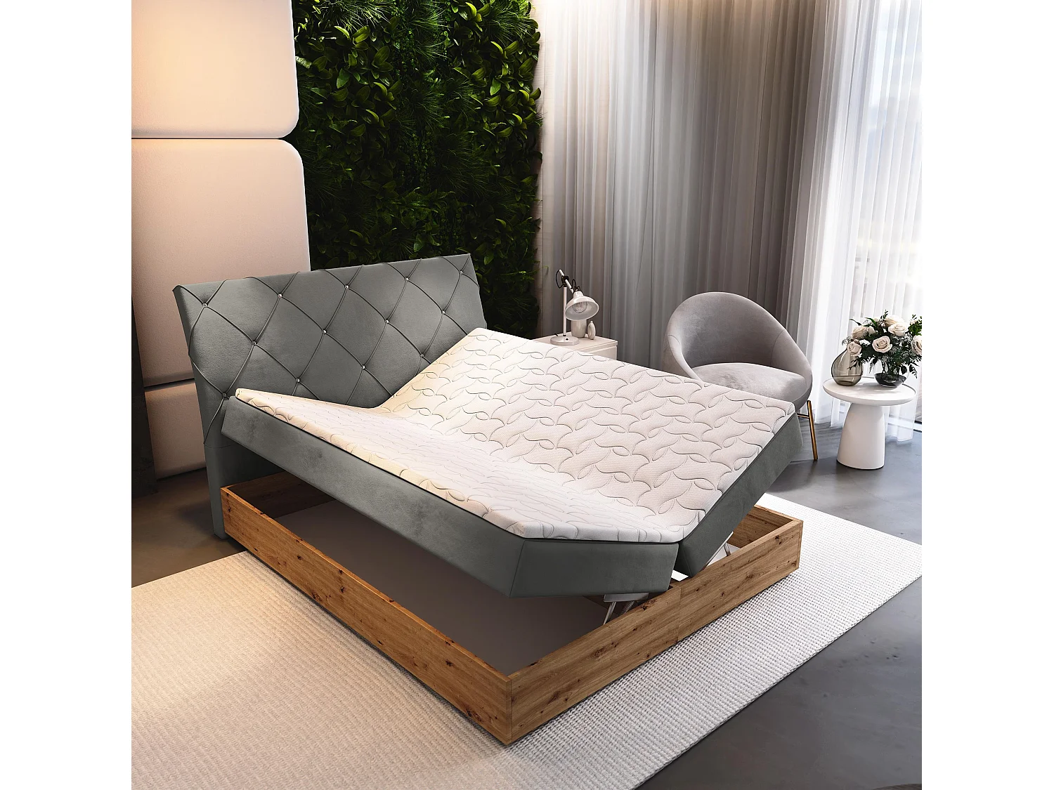 Lit continental VELLANO, 160x200 cm, Tissu pelucheux, Gris