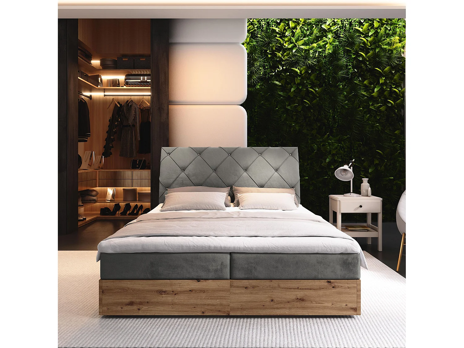 Lit continental VELLANO, 160x200 cm, Tissu pelucheux, Gris