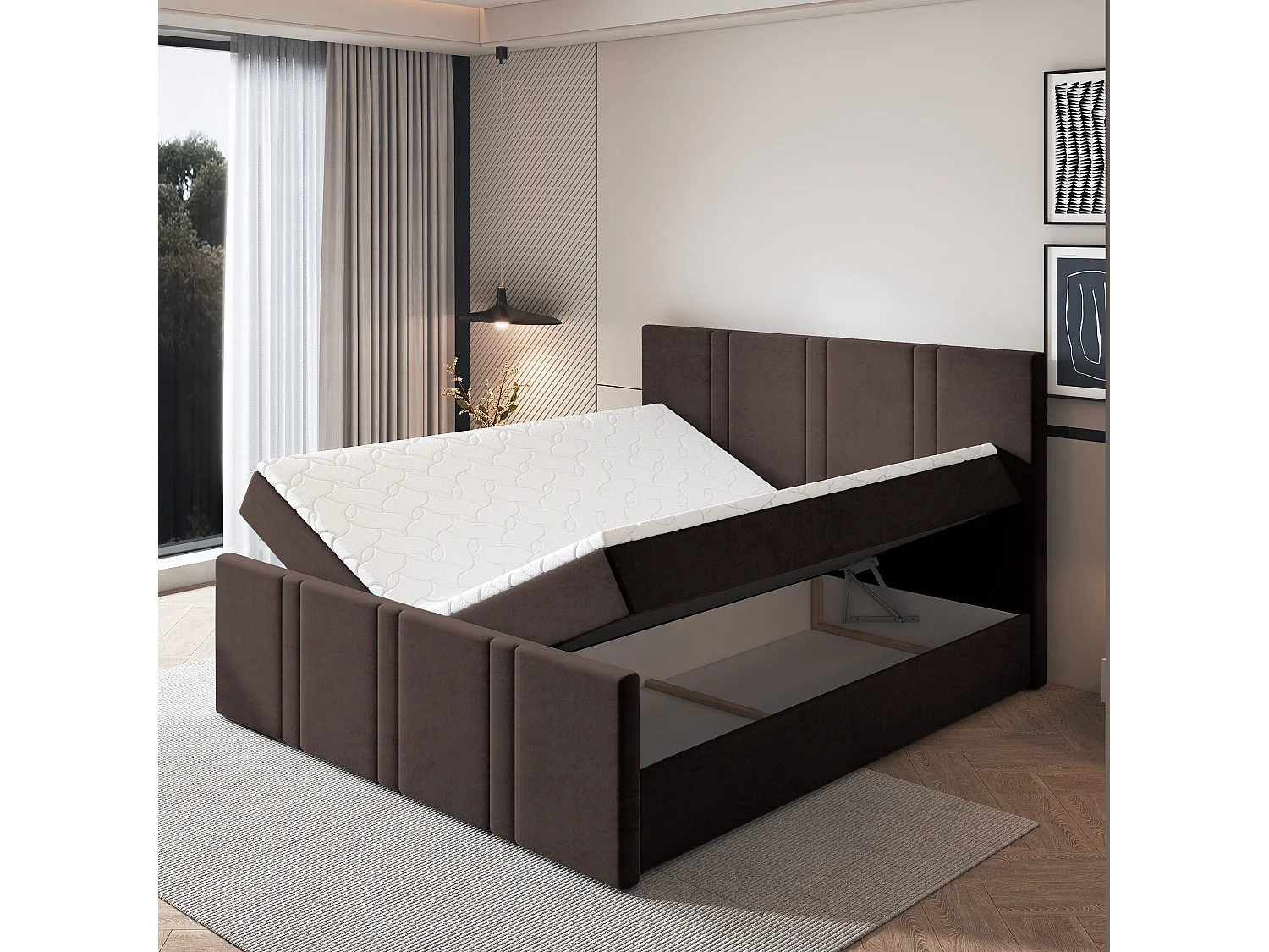 Lit continental COMOZA, 180x200 cm, Tissu pelucheux, Marron