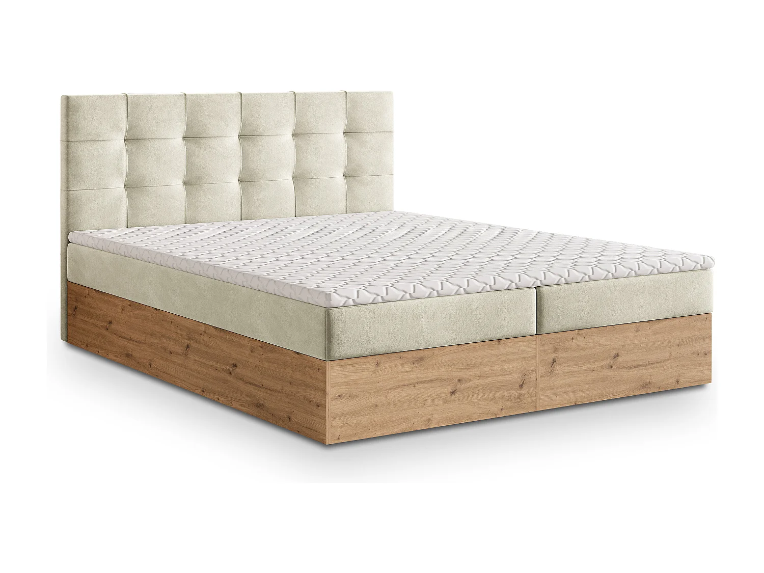 Lit continental MOLVEN, 180x200 cm, Tissu tressé, Couleur crème