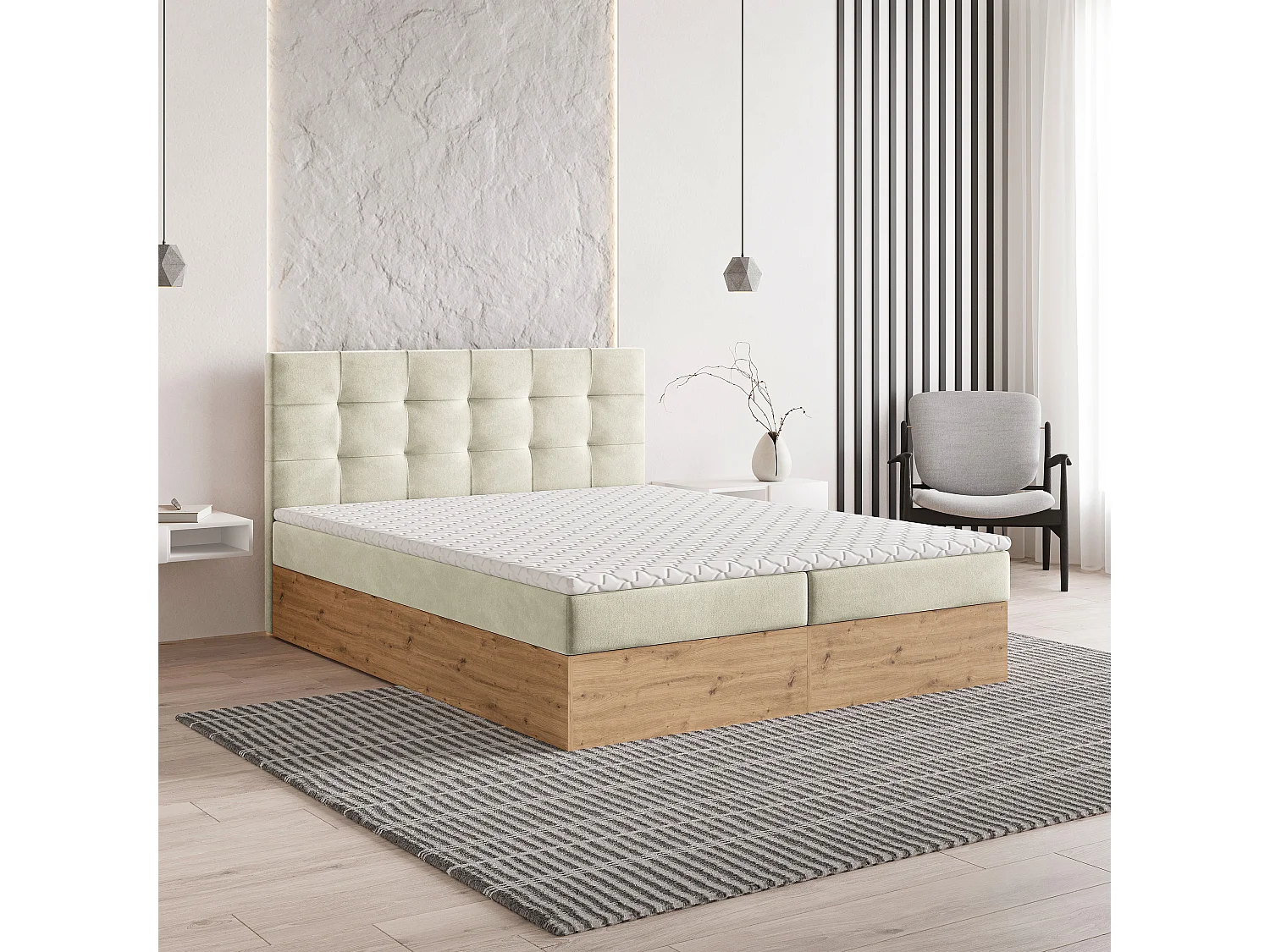 Lit continental MOLVEN, 180x200 cm, Tissu tressé, Couleur crème
