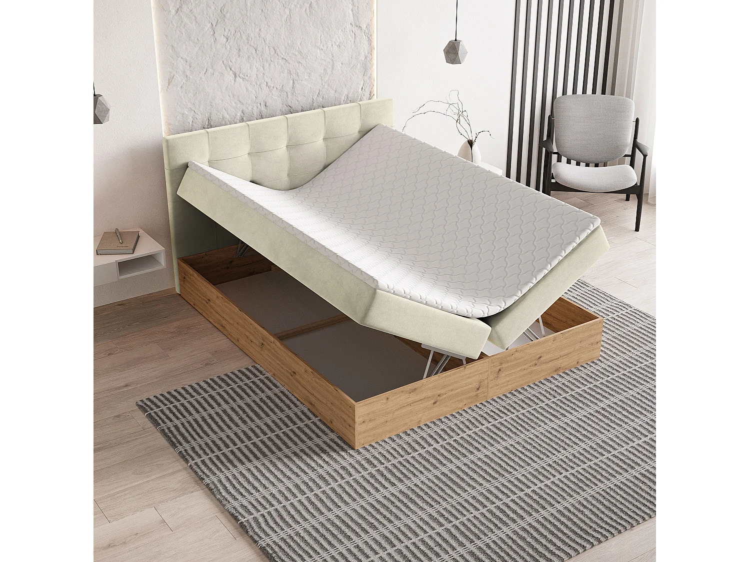 Lit continental MOLVEN, 180x200 cm, Tissu tressé, Couleur crème