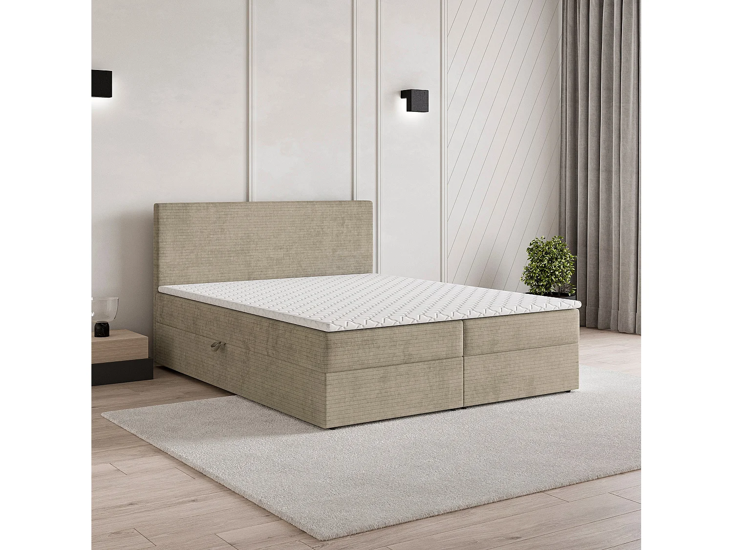 Lit continental NIRA, 180x200 cm, Tissu pelucheux, Beige