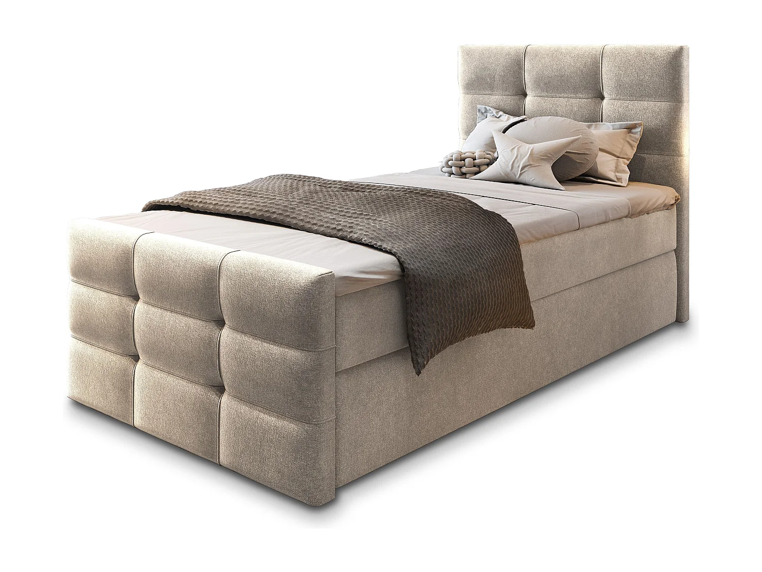 Lit continental AMON, 90x200 cm, Tissu tressé, Beige