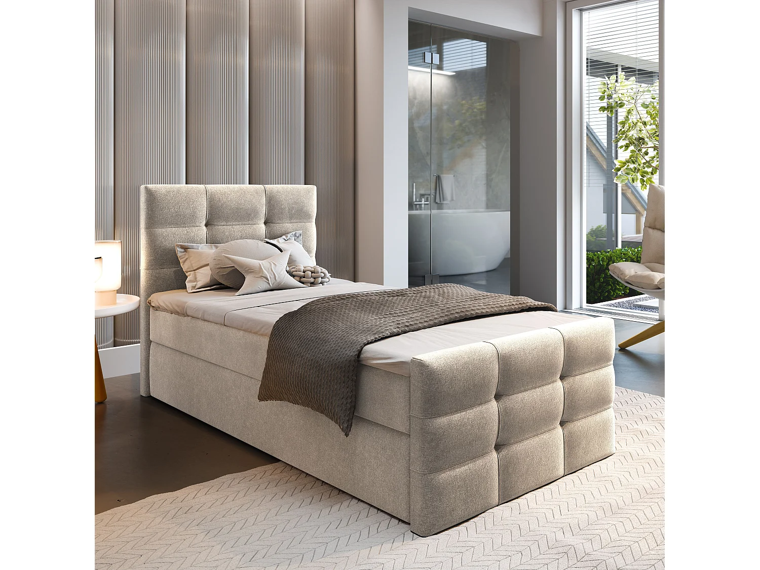 Lit continental AMON, 90x200 cm, Tissu tressé, Beige