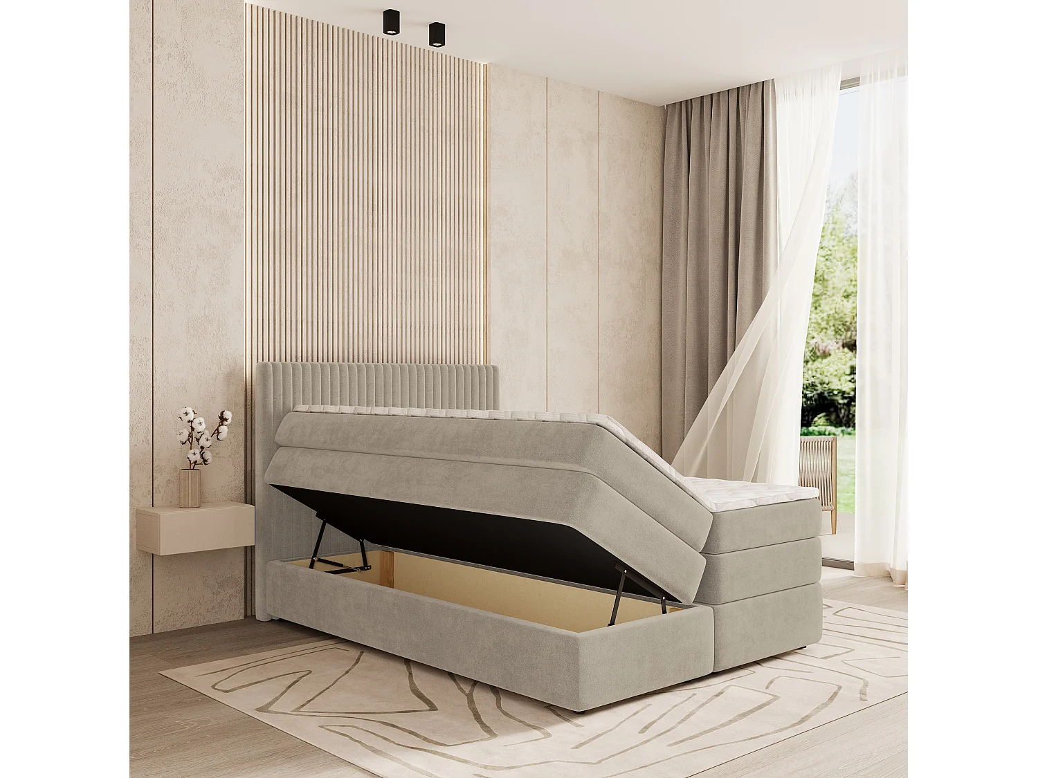 Boxspringbed FELBIO 140x200 cm Set met hoofdbord, bedbodem en matras, Beige