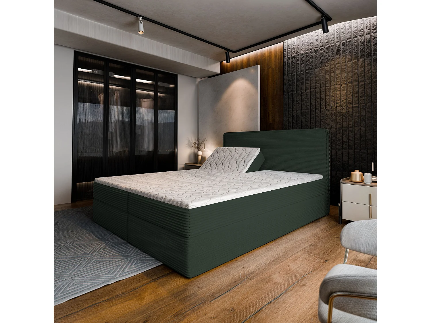 Lit continental ASTOR, 180x200 cm, Tissu en velours côtelé, Vert