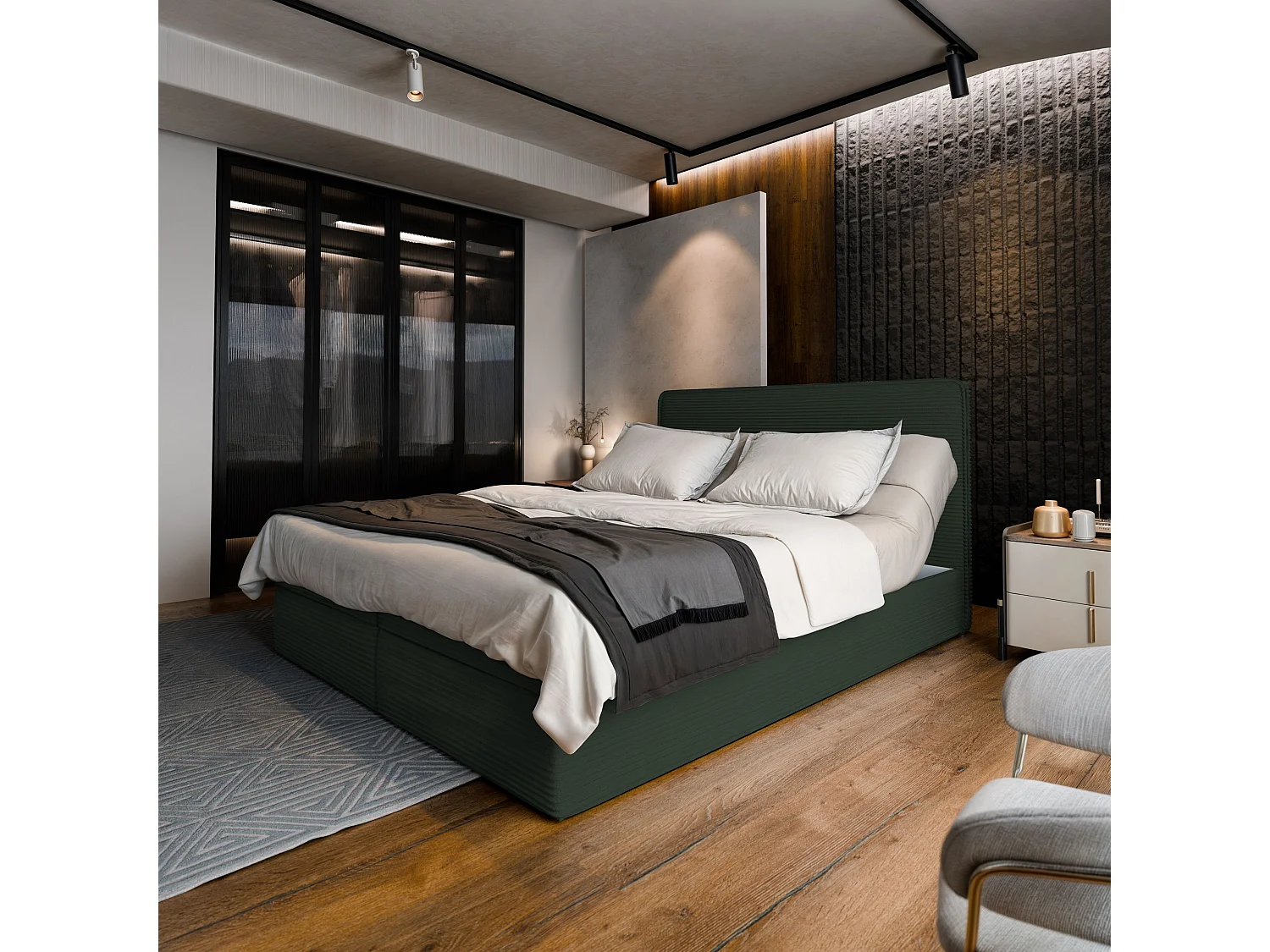 Lit continental ASTOR, 180x200 cm, Tissu en velours côtelé, Vert