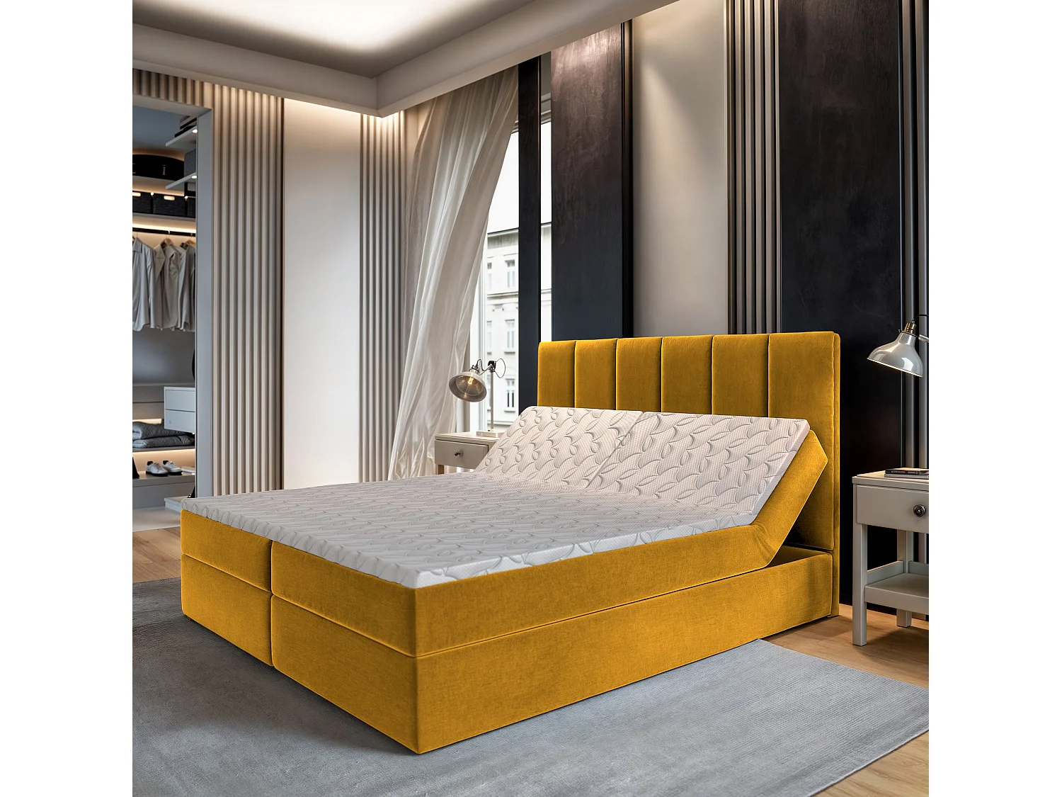 Lit continental BARINO, 180x200 cm, Tissu pelucheux, Jaune