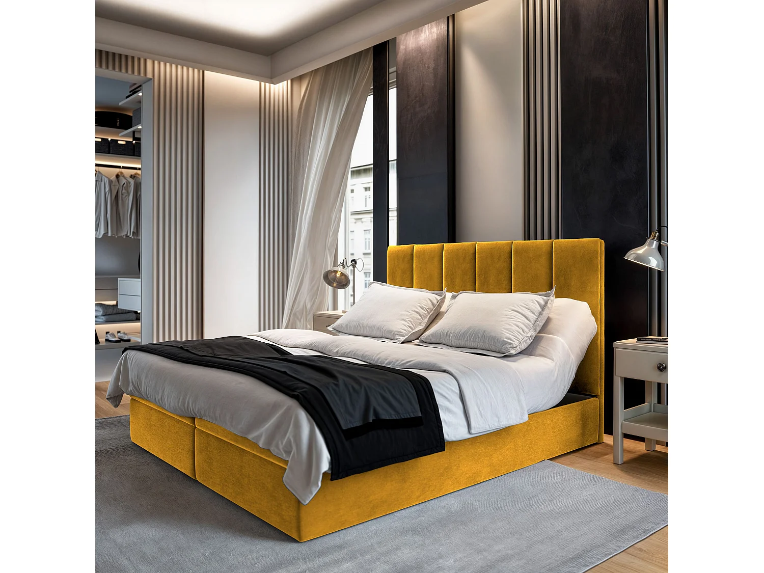 Lit continental BARINO, 180x200 cm, Tissu pelucheux, Jaune