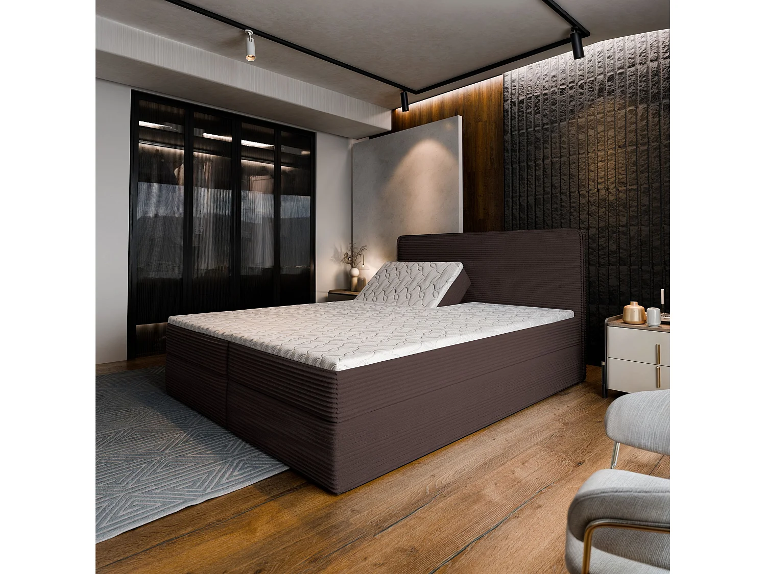 Lit continental ASTOR, 140x200 cm, Tissu en velours côtelé, Marron
