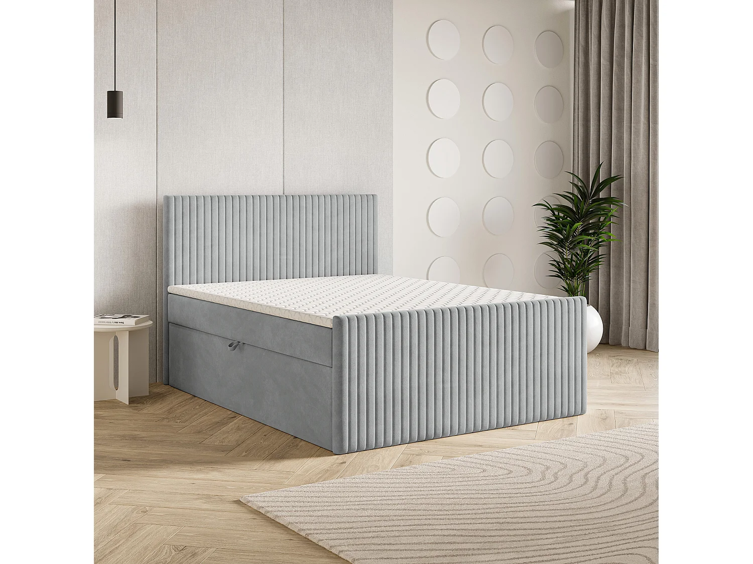 Lit continental TERVAN, 160x200 cm, Tissu pelucheux, Gris clair