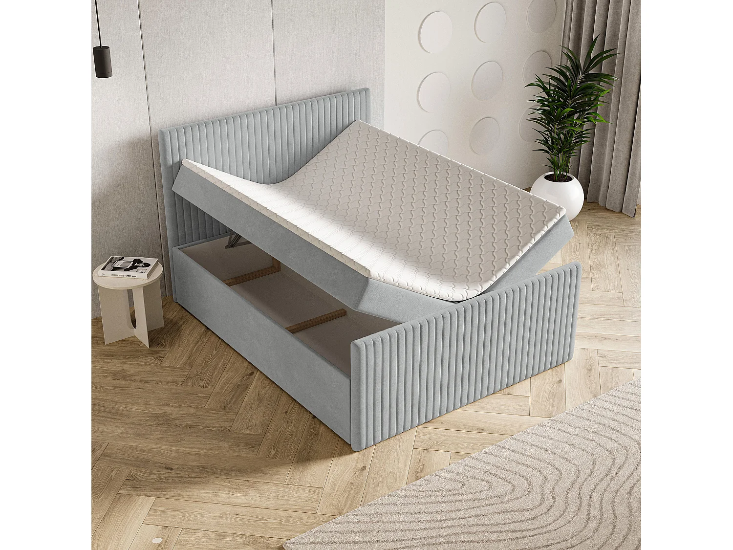 Lit continental TERVAN, 160x200 cm, Tissu pelucheux, Gris clair
