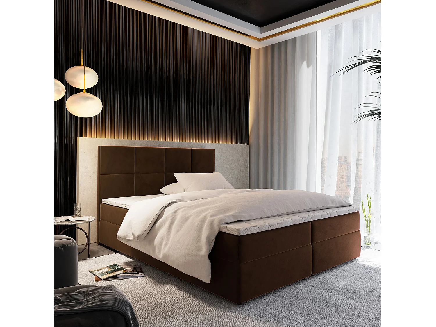 Boxspringbed LENA 160x200 cm Set met hoofdbord, bedbodem en matras, Bruin