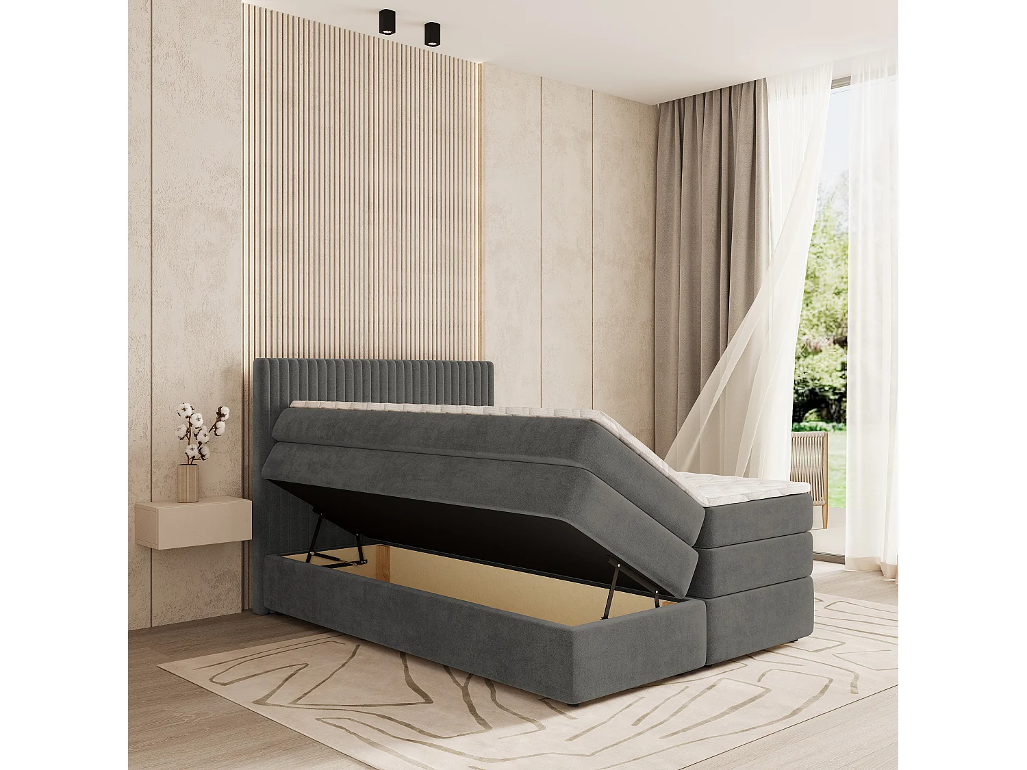 Boxspringbed FELBIO 180x200 cm Set met hoofdbord, bedbodem en matras, Grijs