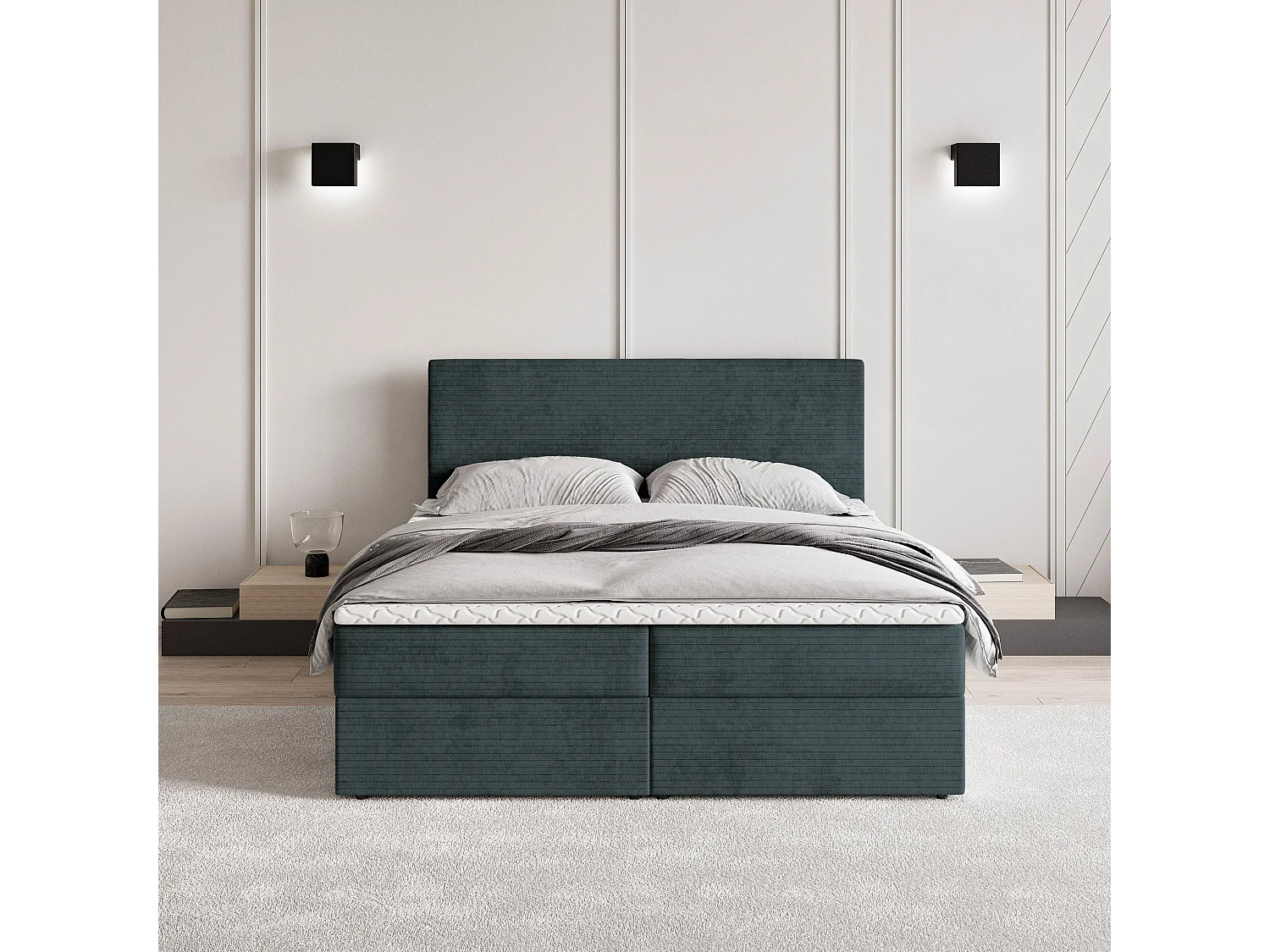 Lit continental NIRA, 140x200 cm, Tissu pelucheux, Bleu