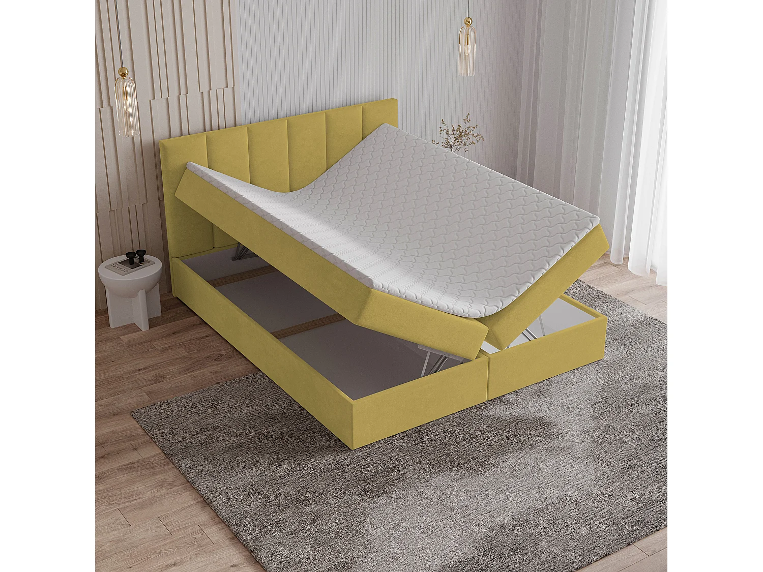 Lit continental MERIL, 160x200 cm, Tissu tressé, Jaune