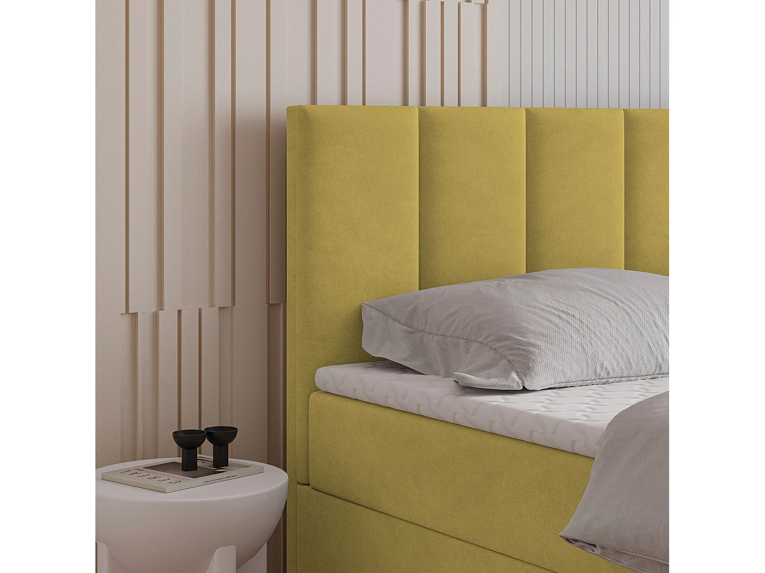 Lit continental MERIL, 160x200 cm, Tissu tressé, Jaune