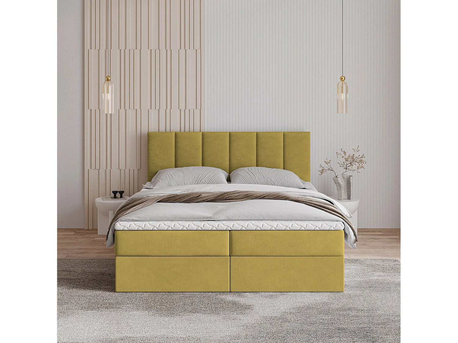 Lit continental MERIL, 160x200 cm, Tissu tressé, Jaune