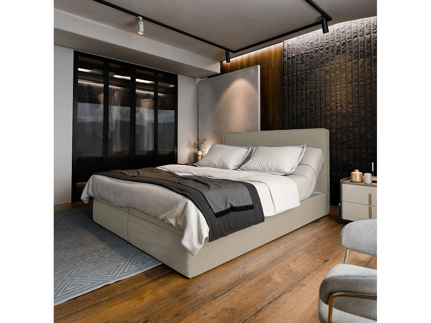 Lit continental ASTOR, 160x200 cm, Tissu en velours côtelé, Beige