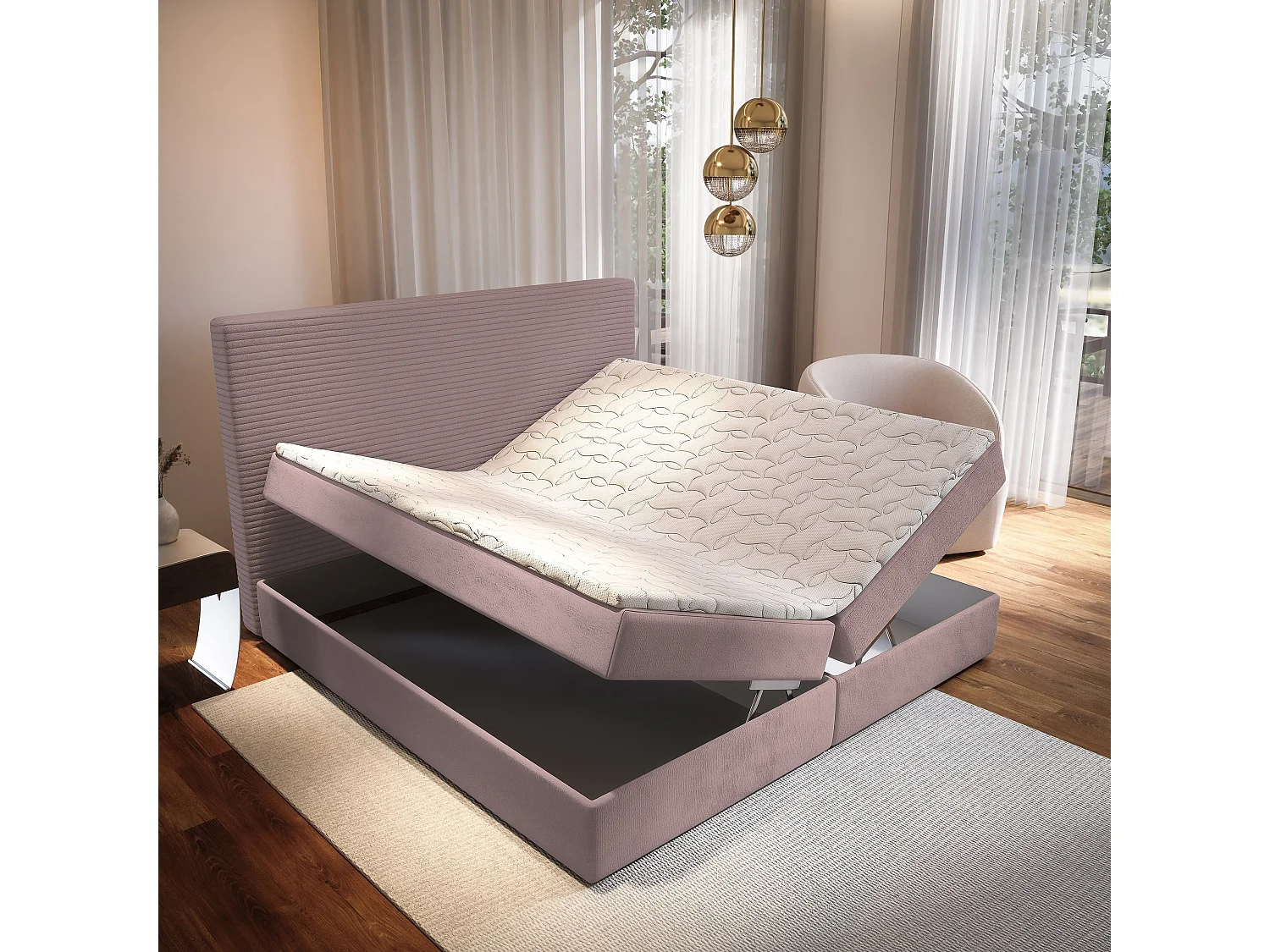 Lit continental GIARRO, 160x200 cm, Tissu pelucheux, Rose